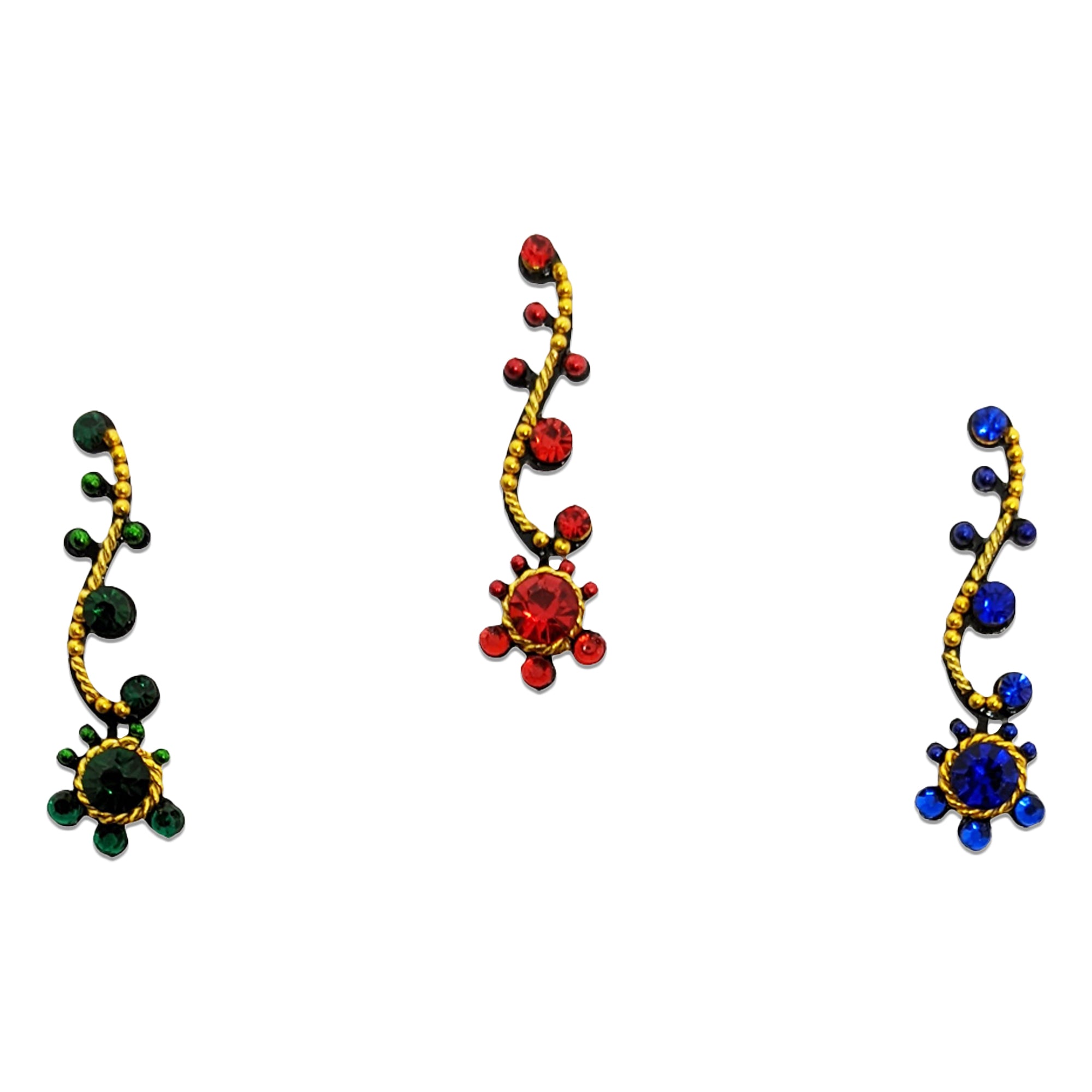 Comet Busters multicolor paisley-style bindis featuring curved vine patterns with sparkling crystal stones in red, blue, and green shades accented with gold detailing for festive and traditional wear.