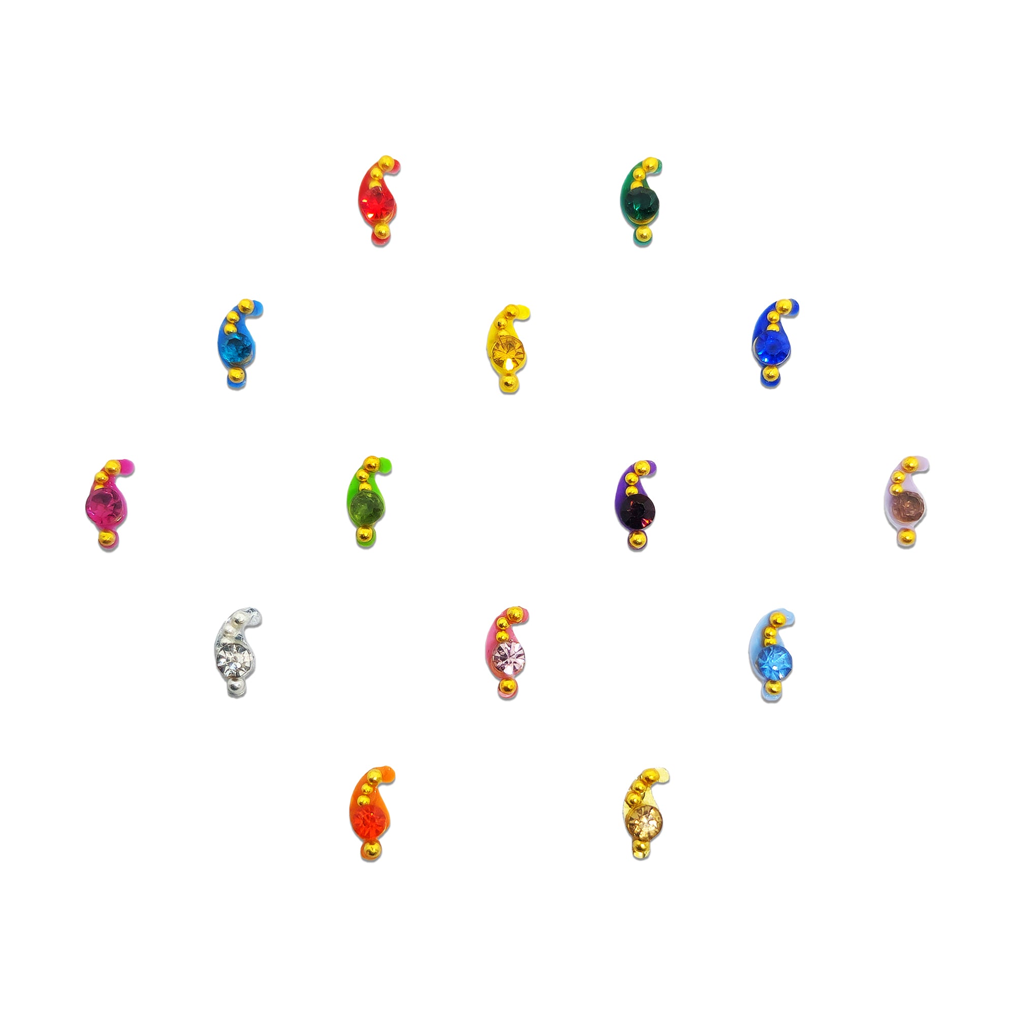 Comet Busters multicolor paisley-shaped bindis featuring sparkling crystal stones with curved gold bead detailing in shades of red, green, blue, pink, purple, orange, yellow, and white for festive and ethnic wear.