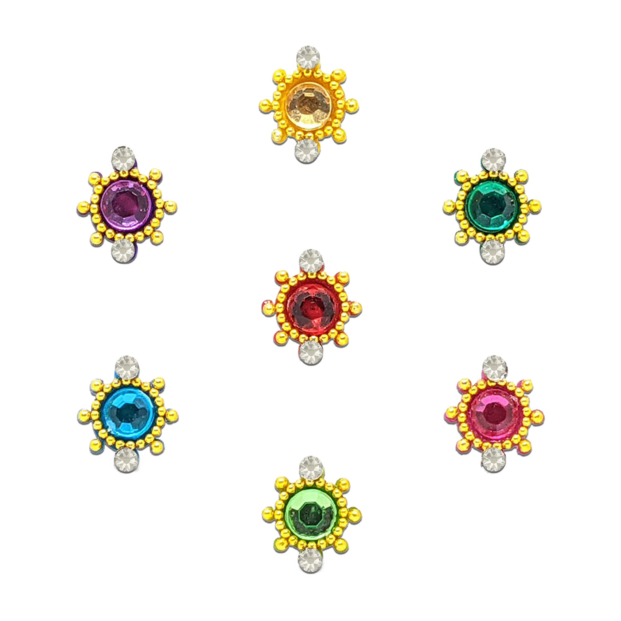 Comet Busters multicolor sunburst designer bindis featuring round crystal center stones with gold bead border detailing and white rhinestone accents in purple, green, blue, pink, red, and golden shades for festive ethnic wear.