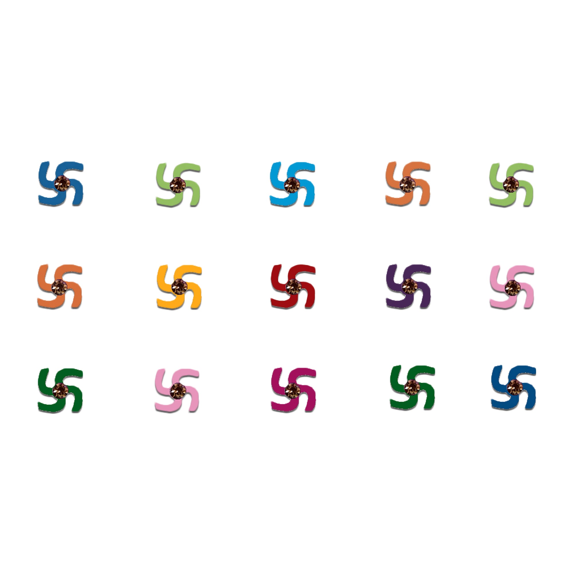 Comet Busters multicolor Swastik designer bindis featuring a sacred Swastik symbol with a sparkling crystal center, self-adhesive spiritual bindis for women and girls.