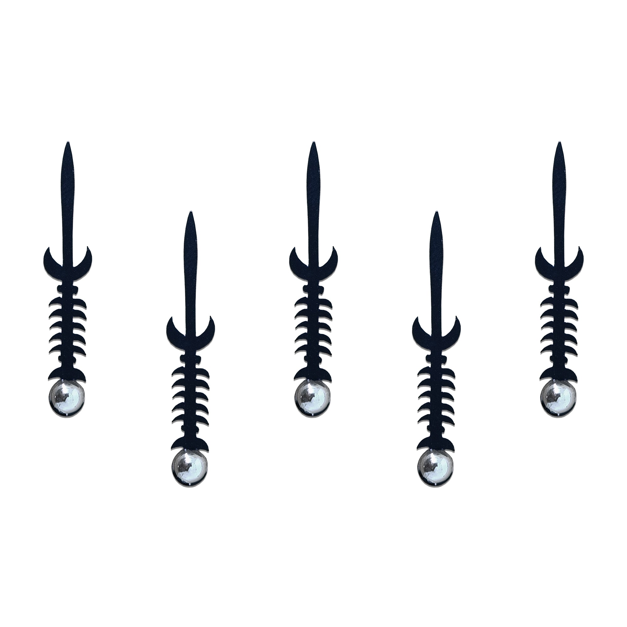 Comet Busters black sword designer bindi set featuring vertical forehead bindis with silver pearl embellishments for women and girls.