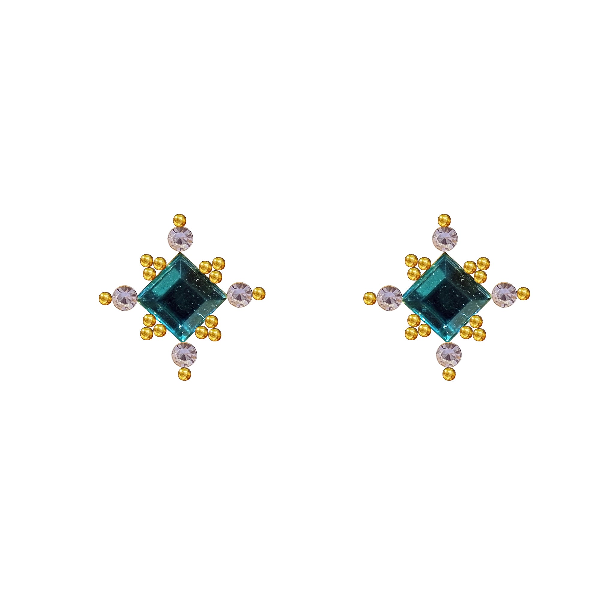 Comet Busters Teal Blue Square Crystal Ear Stud with Clear Rhinestones and Golden Bead Detailing for Women and Girls