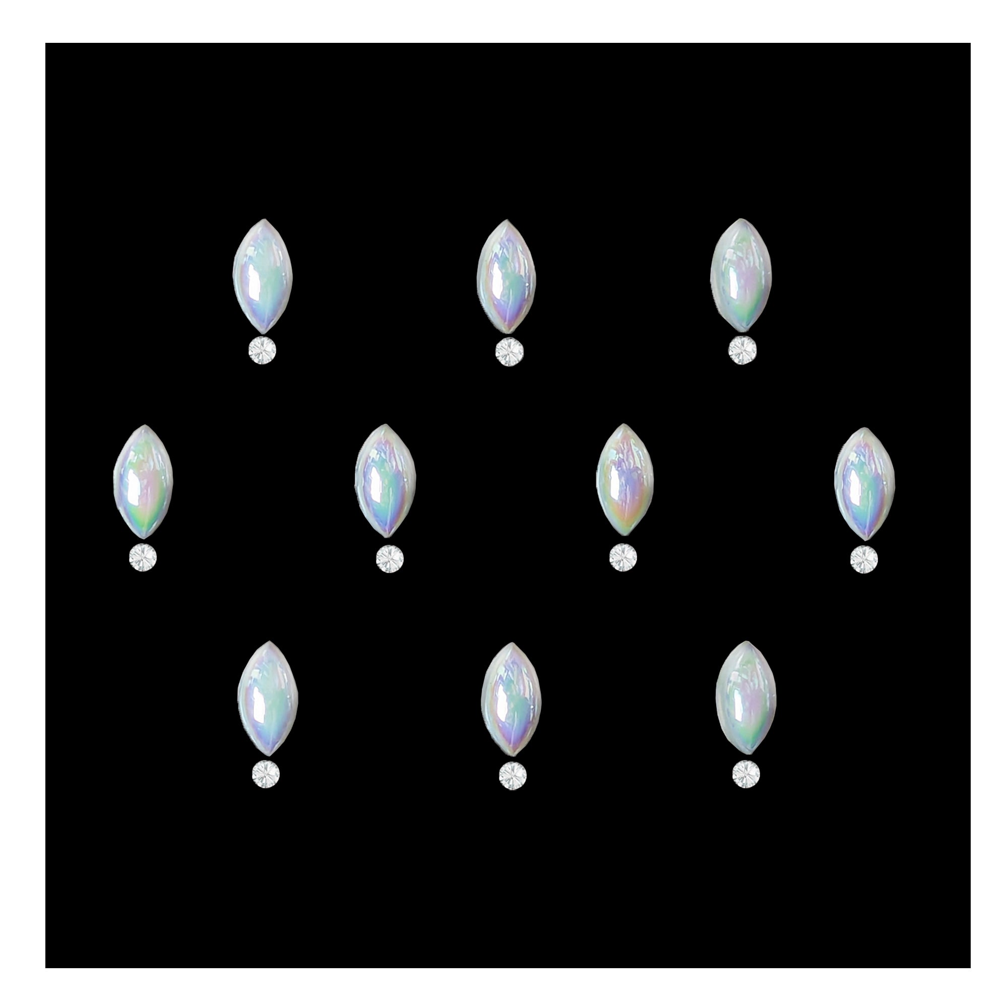 Comet Busters pearl drop designer bindis featuring iridescent white marquise stones with small crystal accents on a black background, elegant festive self-adhesive bindi set for women and girls.