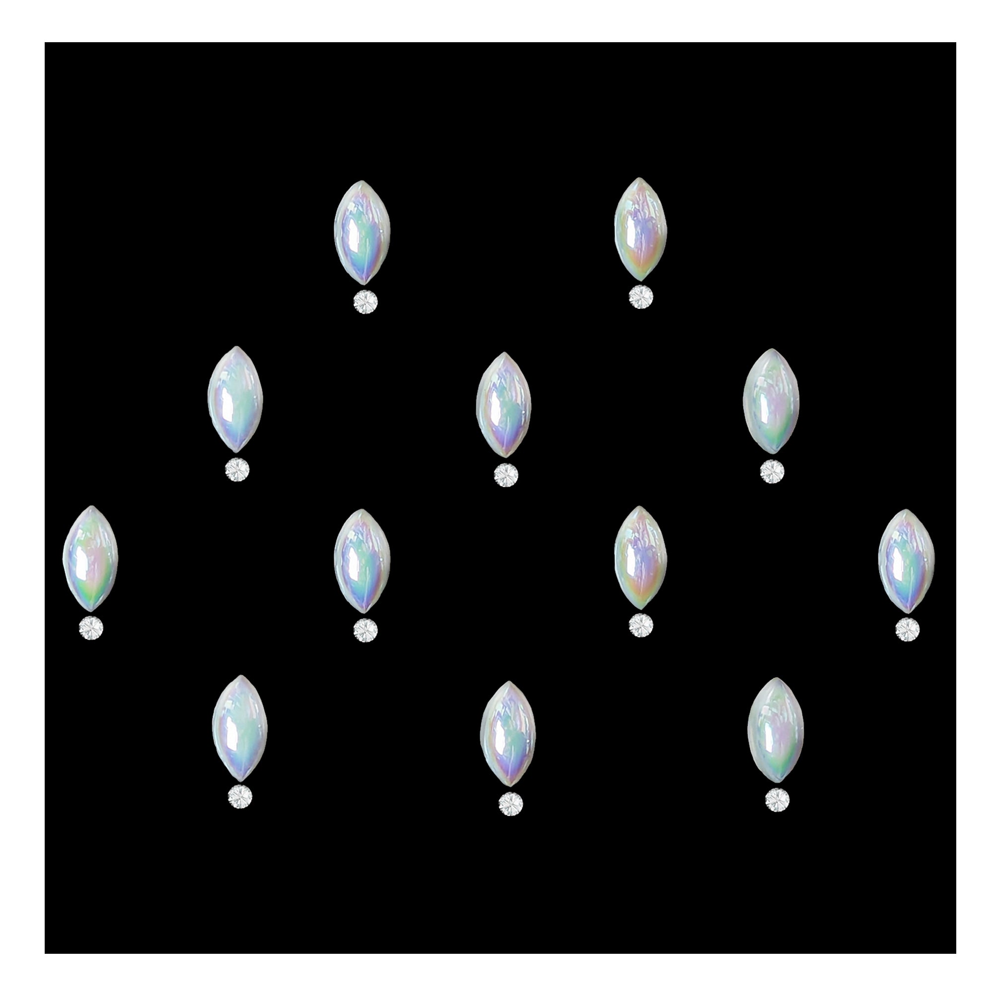 Comet Busters pearl round stone bindis featuring glossy iridescent white circular stones paired with small crystal accents on a black background, elegant self-adhesive festive bindi set for women and girls.