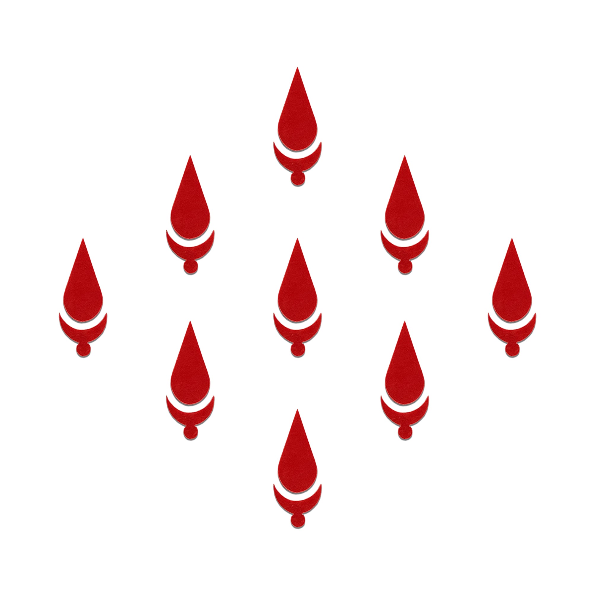 Comet Busters red and white tear drop bindi featuring a pointed teardrop shape with a curved crescent accent and small round detail, traditional decorative forehead bindi for women and girls.