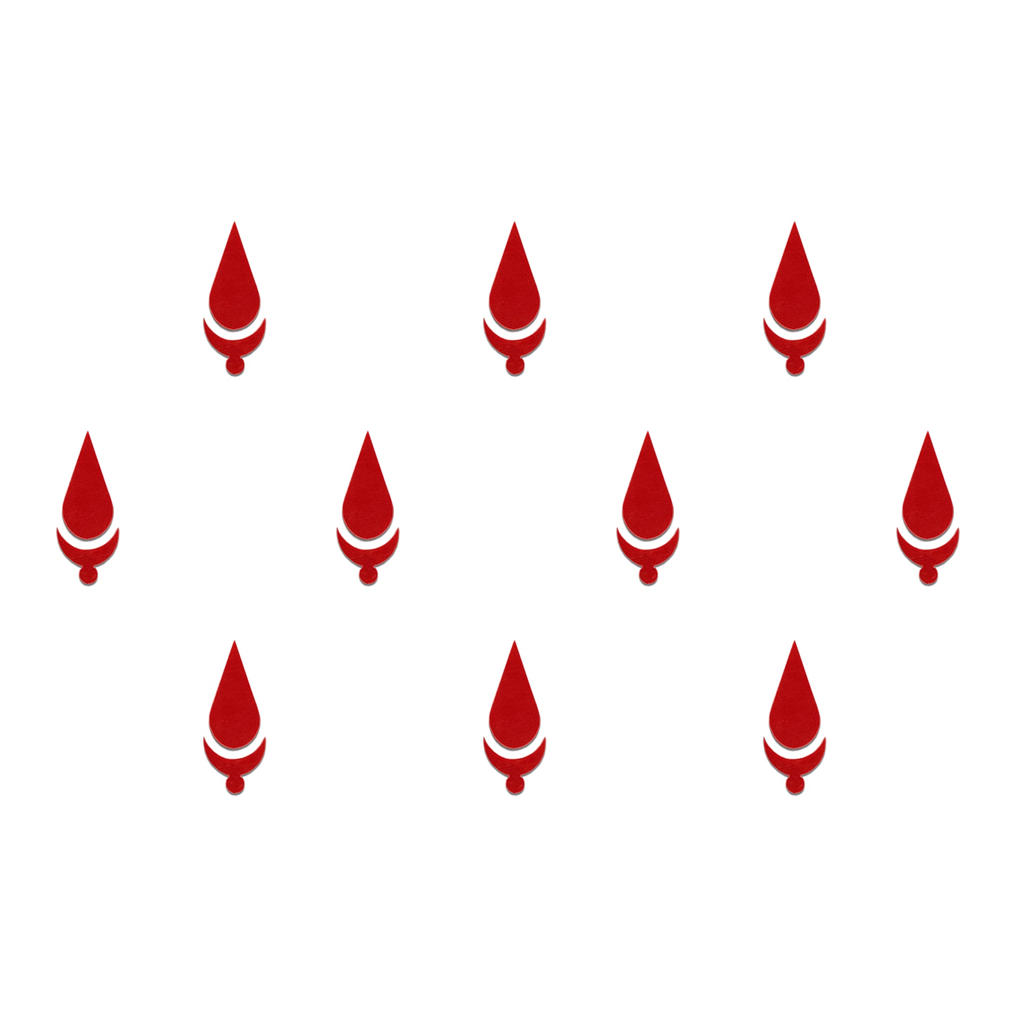 Comet Busters red and white tear drop bindi featuring a pointed teardrop shape with a curved crescent accent and small round detail, traditional decorative forehead bindi for women and girls.