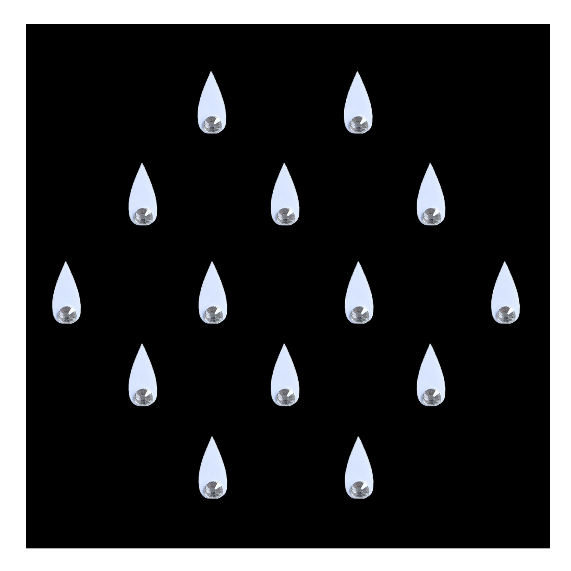 Comet Busters teardrop-shaped designer bindis featuring a sparkling silver crystal stone set within an elegant drop silhouette. Self-adhesive bindis perfect for festive occasions, weddings, ethnic wear, parties, and traditional Indian styling.