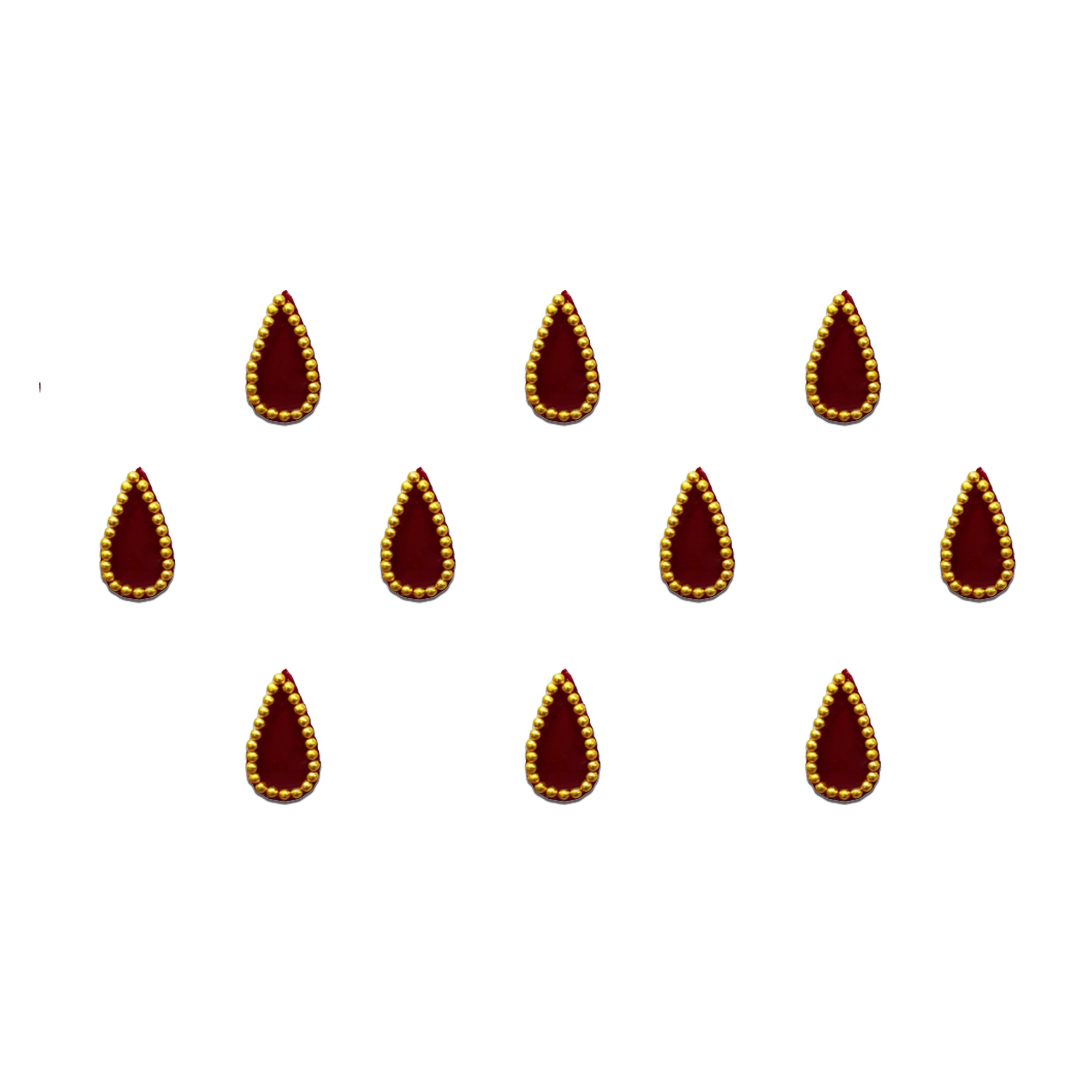 Comet Busters Royal Teardrop Golden Border Red Bindi for Women and Girls, elegant maroon teardrop-shaped bindi with golden bead border detailing, reusable designer forehead accessory for festive, bridal and traditional ethnic wear.