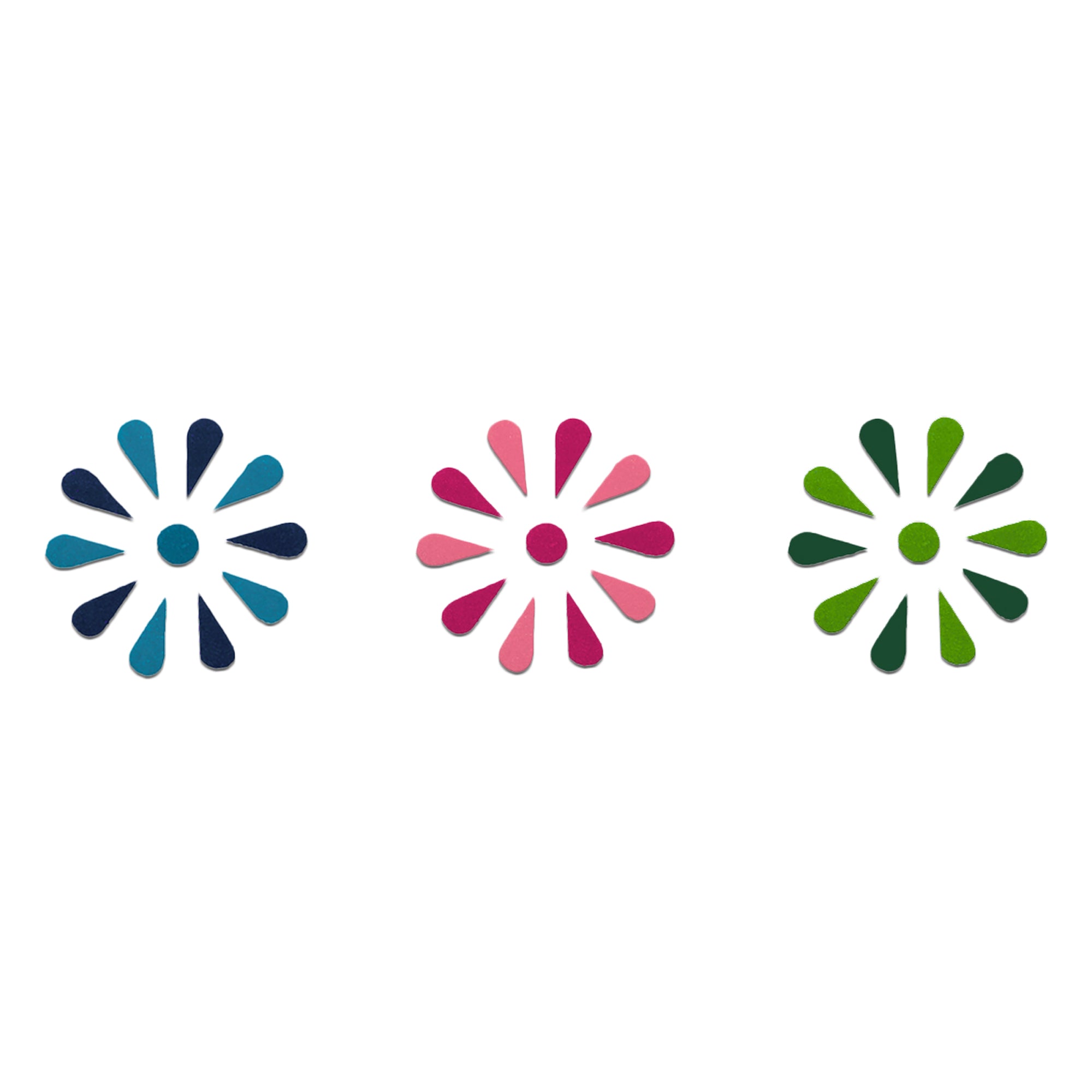 Comet Busters Teardrop velvet bindis featuring petal-shaped flower patterns in Pink , Blue and green colors with classic round center design for traditional and everyday ethnic wear.