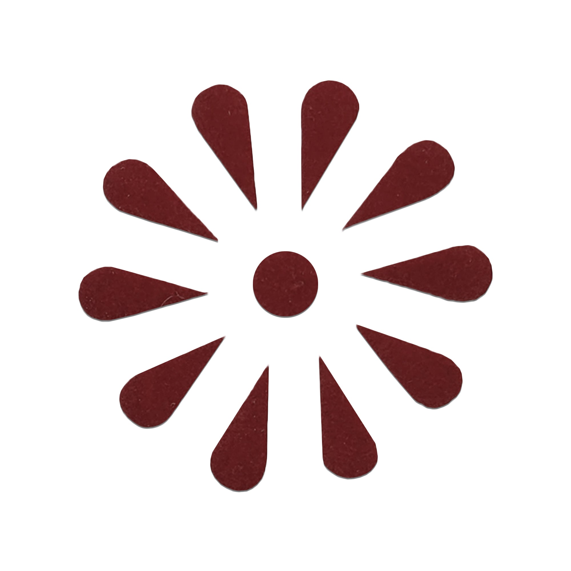 Decorative Maroon bindi design featuring eight teardrop-shaped bindis arranged in a flower pattern around a central round black bindi on a light gray background.