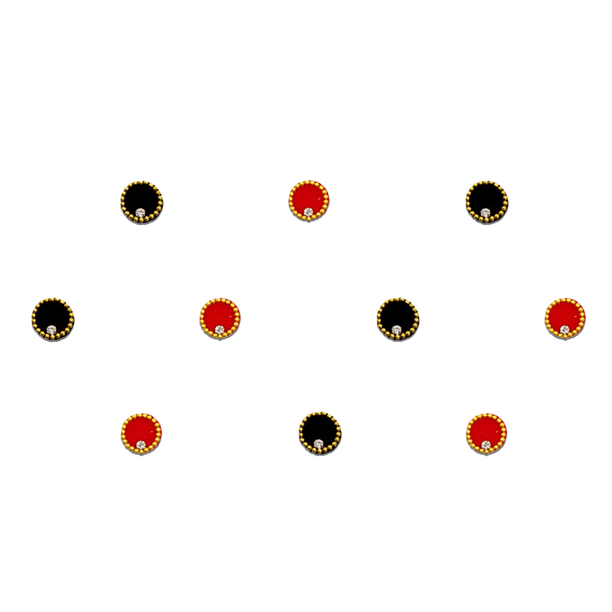 Comet busters Traditional red & black velvet round bindi set adorned with gold beaded edging and sparkling crystal stones, perfect for sarees, lehengas, salwar suits, weddings, festivals, and ethnic occasions.