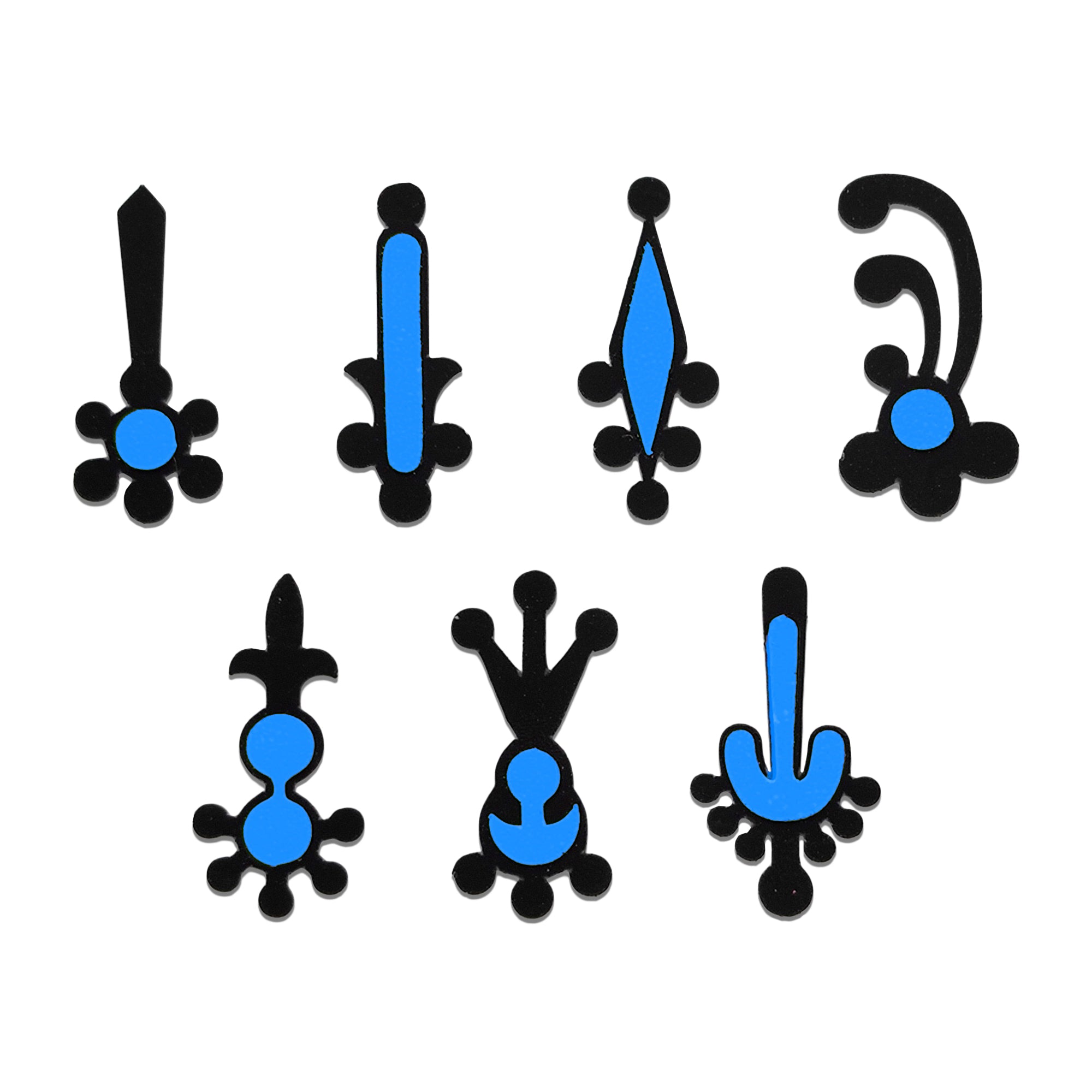 Comet Busters traditional blue and black tilak designer bindi set featuring seven unique ornamental forehead sticker designs with a reusable skin-friendly finish for women and girls.