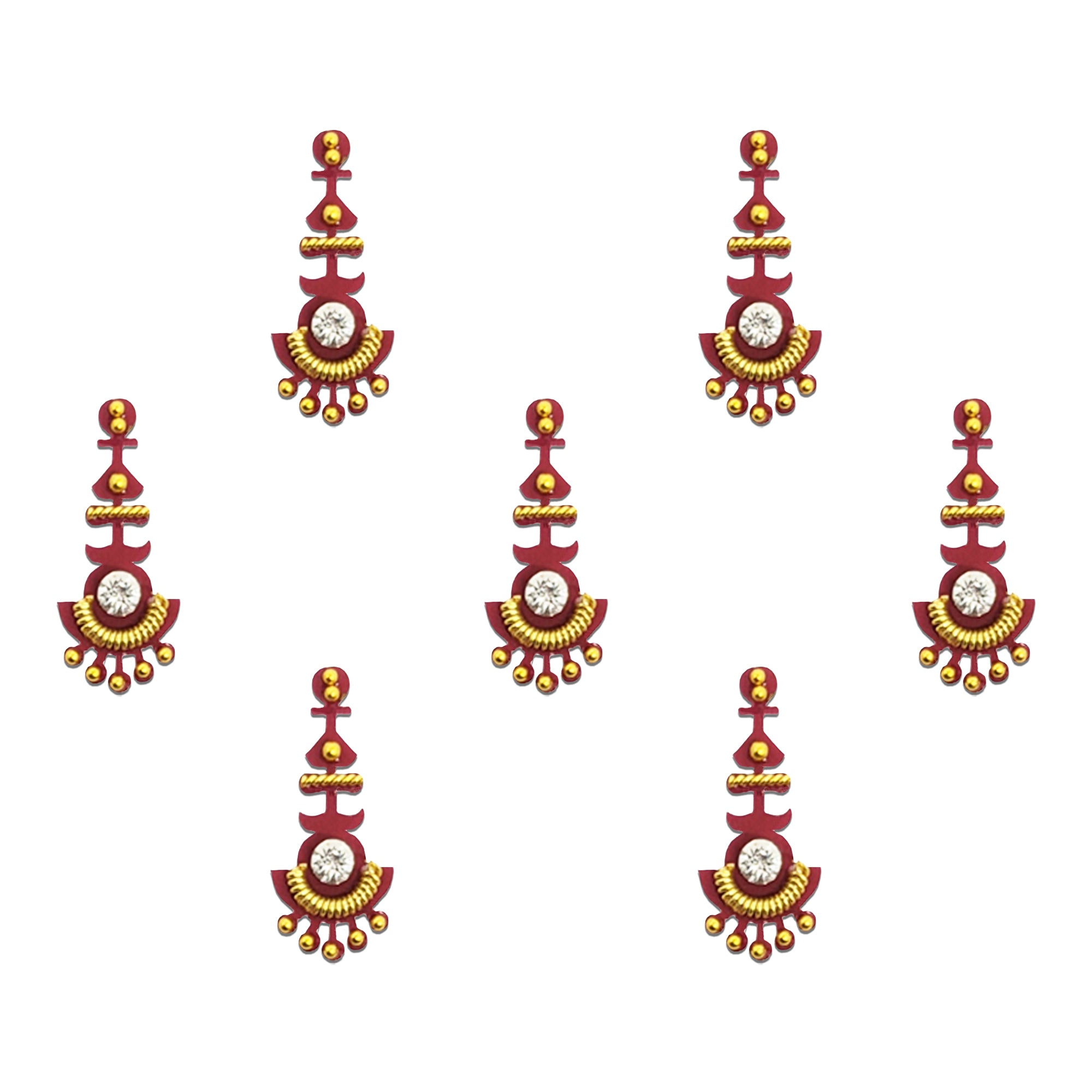 Comet Busters traditional chand designer bindis featuring maroon ethnic bindis with golden bead detailing, white stone centers, and hanging ornament patterns for festive and traditional wear.