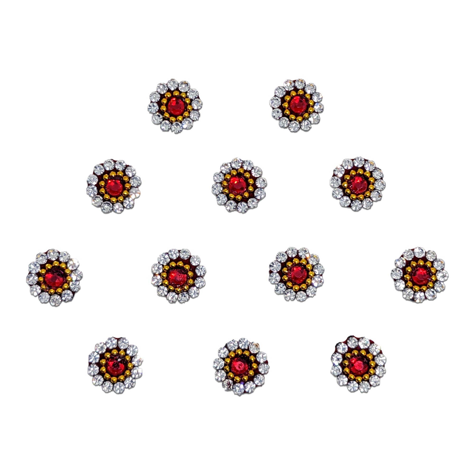 Comet Busters premium floral bindi featuring a ruby red center stone surrounded by sparkling white crystals and gold bead detailing. Elegant self-adhesive designer forehead sticker ideal for weddings, festivals, parties, traditional attire, and special occasions.
