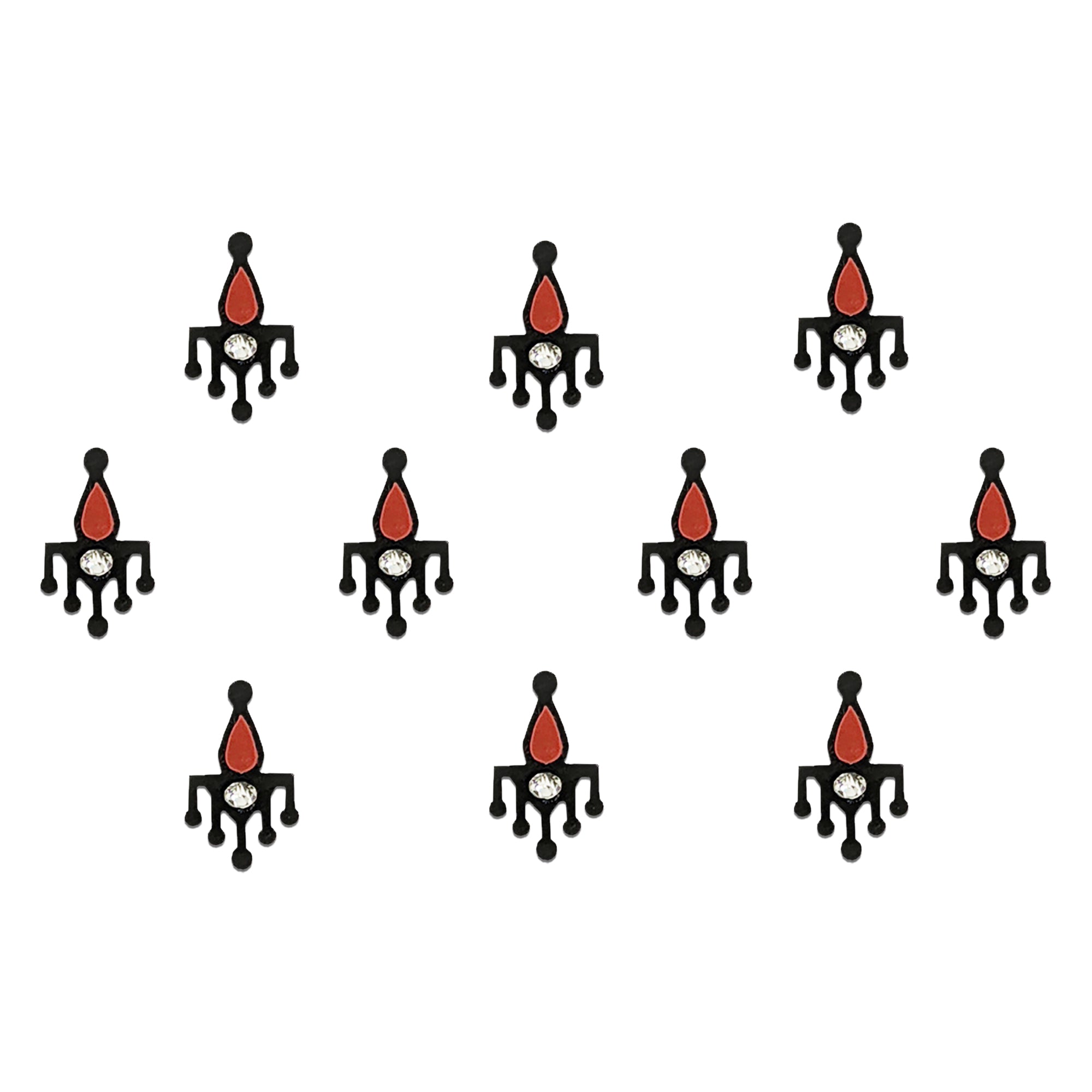 Comet Busters traditional designer bindis featuring black hanging motif patterns with red teardrop accents and central white stone embellishments for festive ethnic styling.