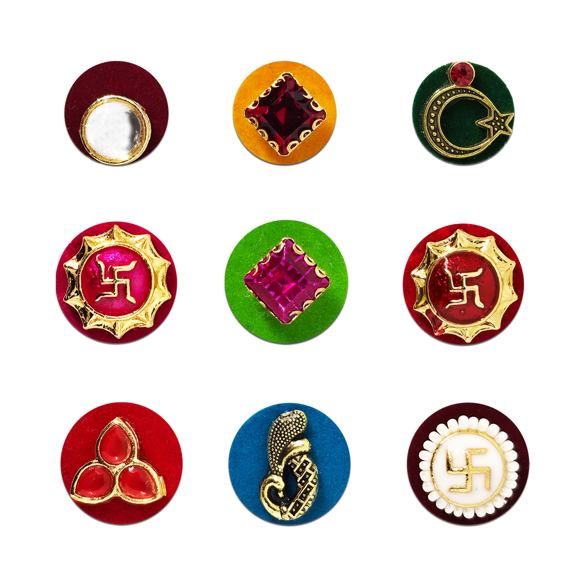 Indira by Comet Busters® Premium Spiritual Designer Bindi Collection | Swastik, Crescent Moon, Trishakti & Crystal Velvet Bindis for Women & Girls