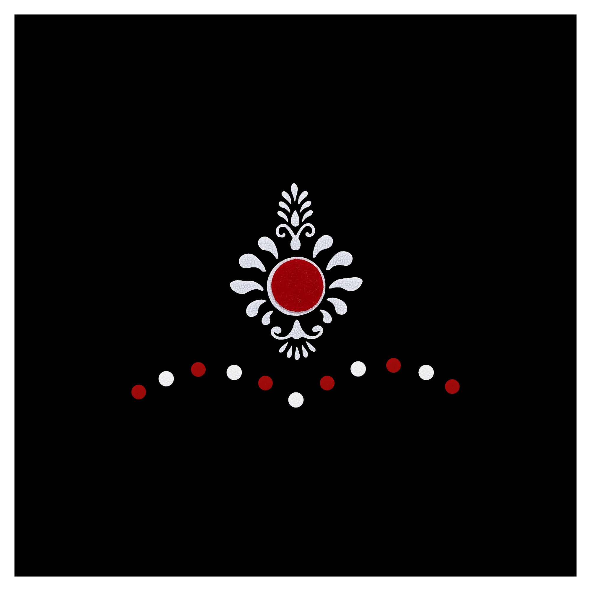 Comet Busters traditional red and white floral bindi set featuring a central round bindi with decorative ethnic motifs and matching dot bindis.