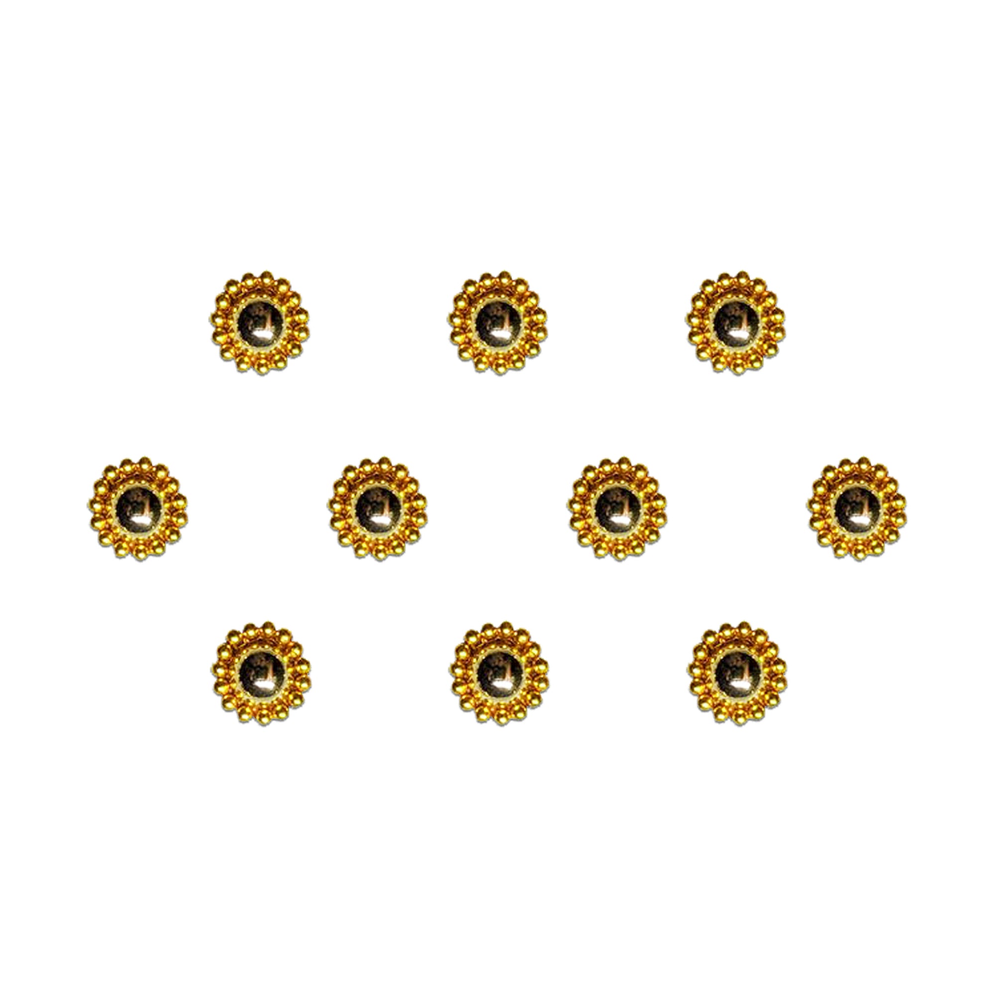 Comet Busters designer round bindi featuring a sparkling crystal center surrounded by a golden floral beaded border. Self-adhesive traditional bindi for women and girls, ideal for weddings, festivals, Navratri, Diwali, puja, bridal wear, ethnic outfits, sarees, lehengas and daily traditional styling.