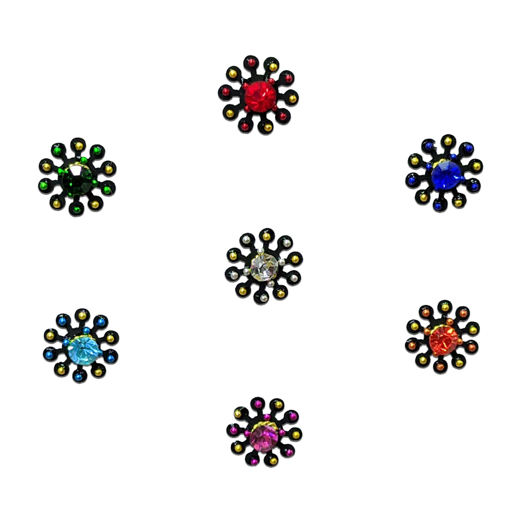 Comet Busters Round floral designer bindi with a central crystal stone and decorative bead accents, available in multiple vibrant colors.
