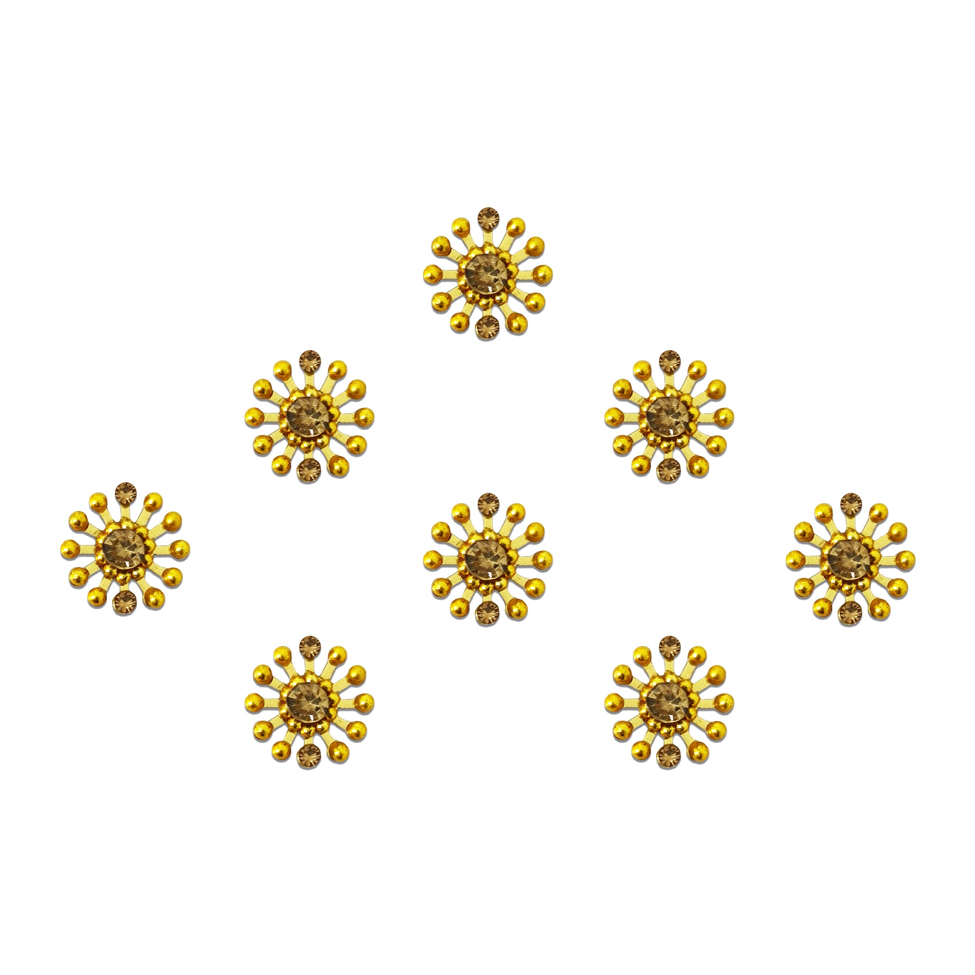 Comet Busters premium golden sunburst designer bindi with sparkling center stone and antique ethnic floral pattern for festive forehead styling.