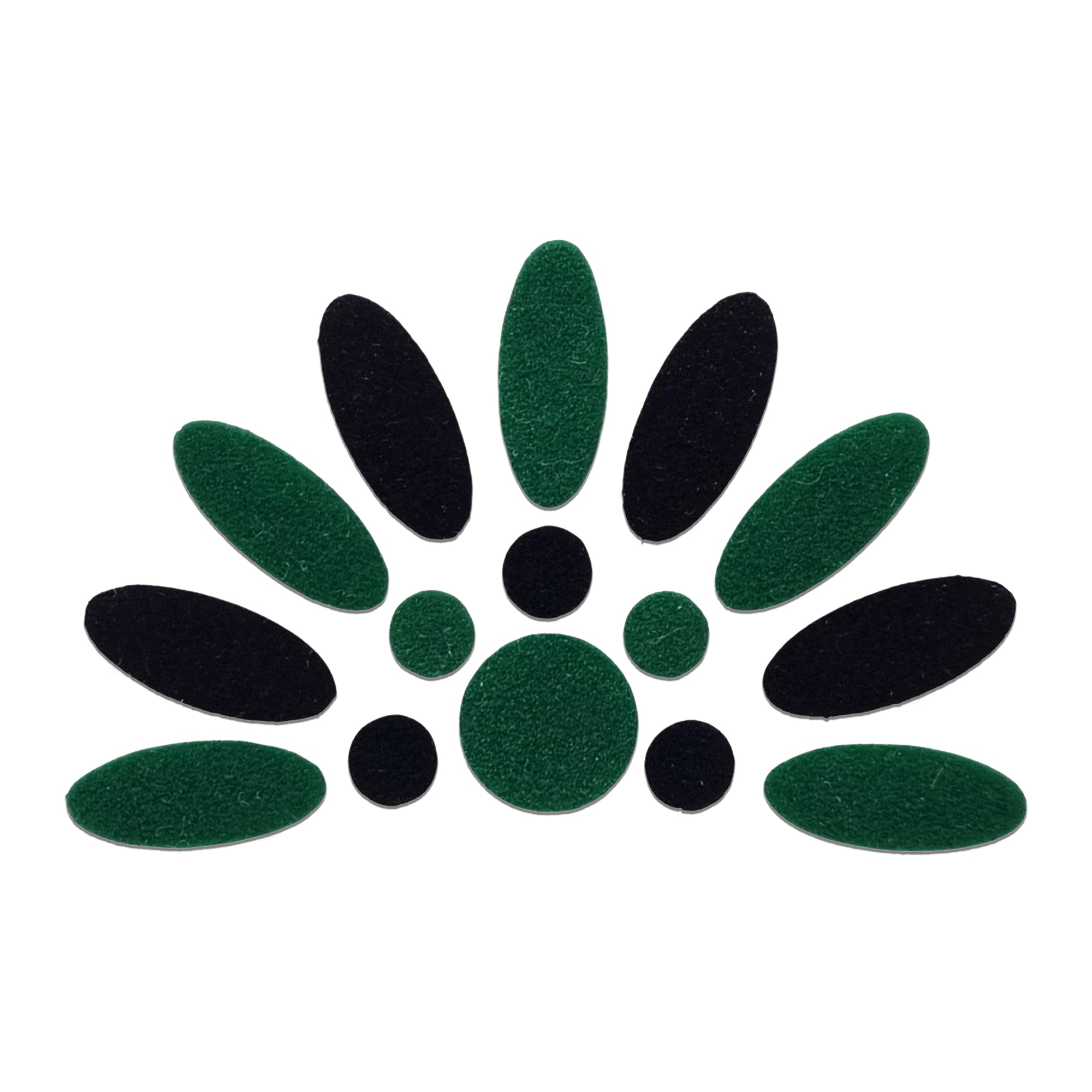 Comet Busters green and black floral arch bindi set, designer forehead sticker arrangement with oval and round bindis for women, suitable for Bharatanatyam, Kuchipudi, weddings, Navratri, temple visits, cultural events, and traditional Indian attire.