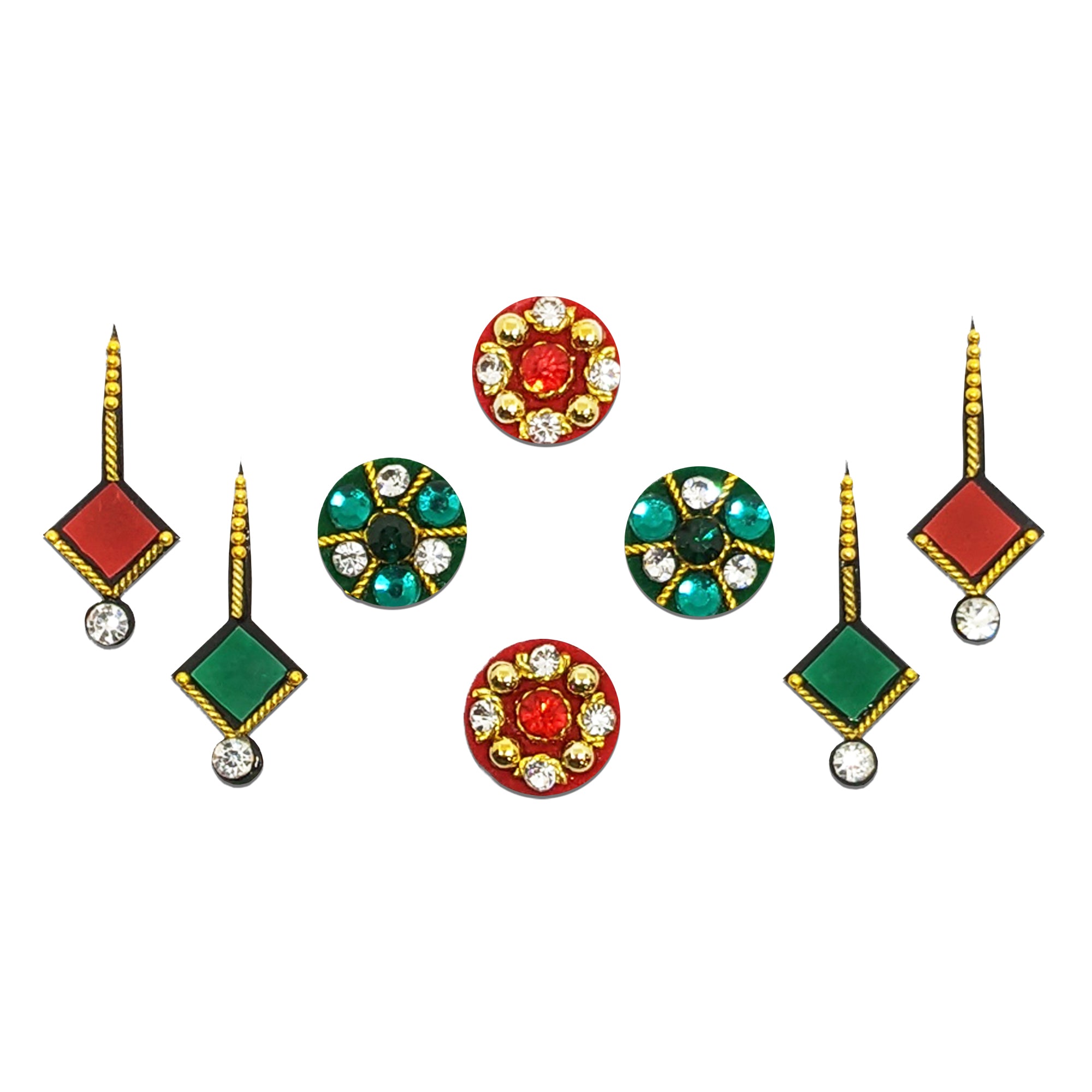 Comet Busters traditional red and green designer bindis with crystal stones