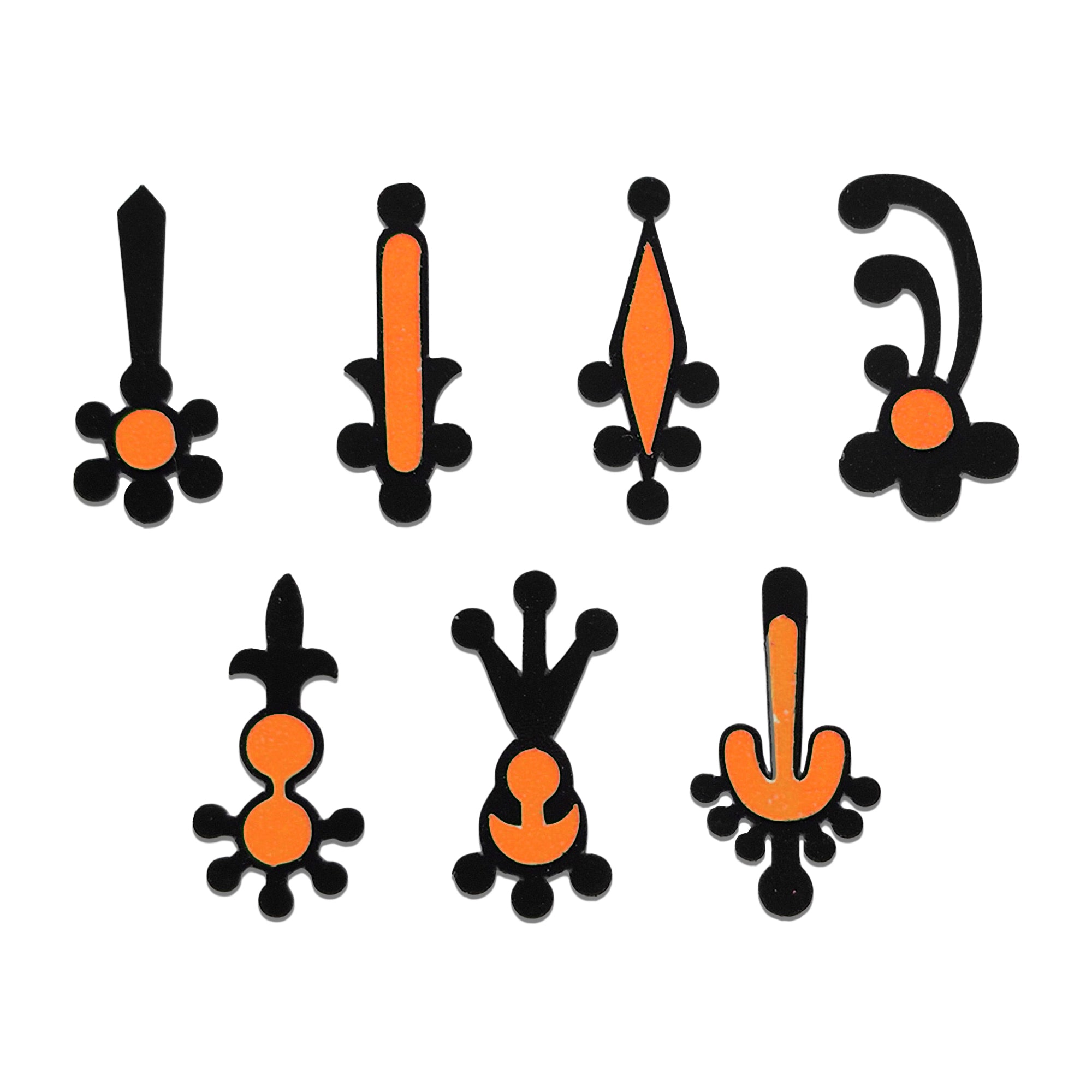 Comet Busters traditional orange and black tilak designer bindi set featuring seven unique ornamental forehead sticker designs with a reusable skin-friendly finish for women and girls.