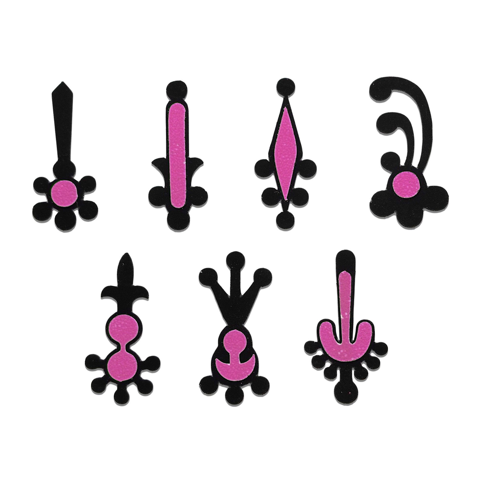 Comet Busters traditional pink and black tilak designer bindi set featuring seven unique ornamental forehead sticker designs with a reusable skin-friendly finish for women and girls.