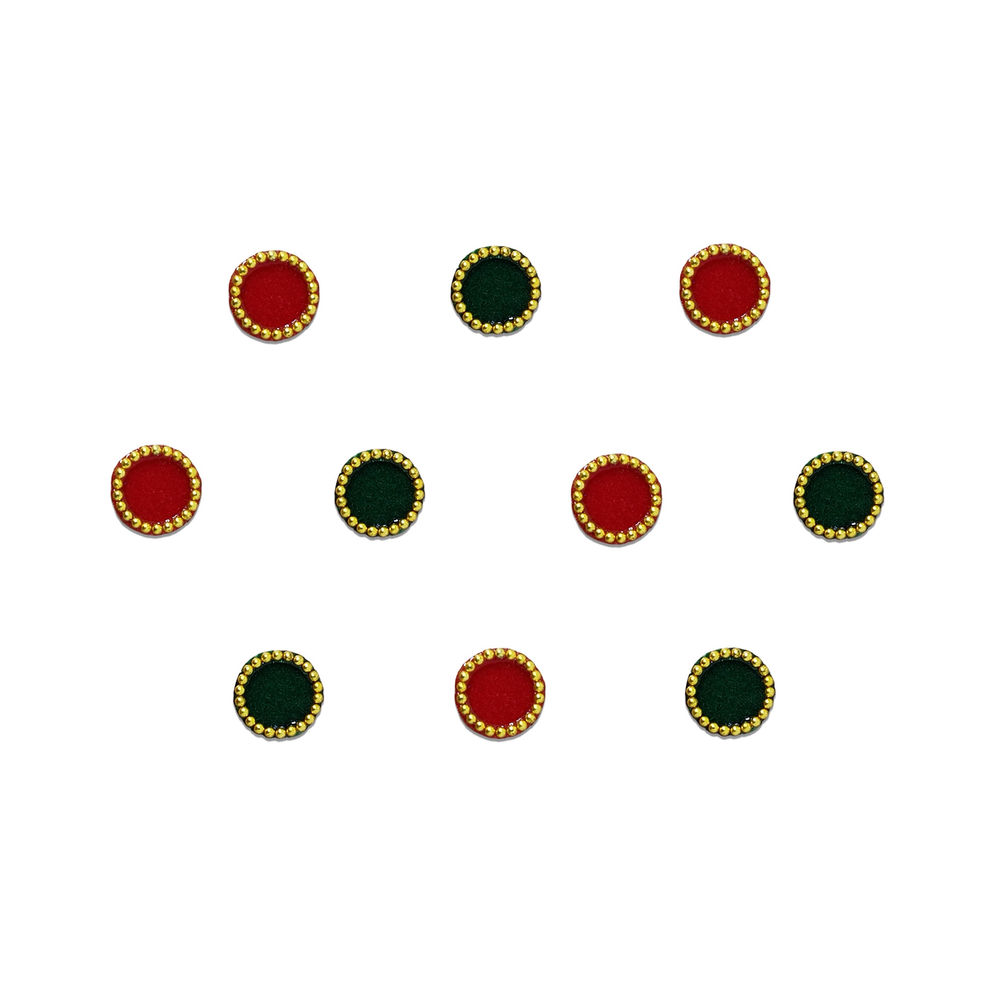 Comet Busters Red & Green Round Velvet Bindi featuring alternating red and dark green circular velvet bindis with an elegant gold beaded border. Self-adhesive traditional designer bindis for women and girls, perfect for daily wear, Navratri, Diwali, Karwa Chauth, Durga Puja, weddings, temple visits, festive celebrations, and ethnic or Indo-western outfits.