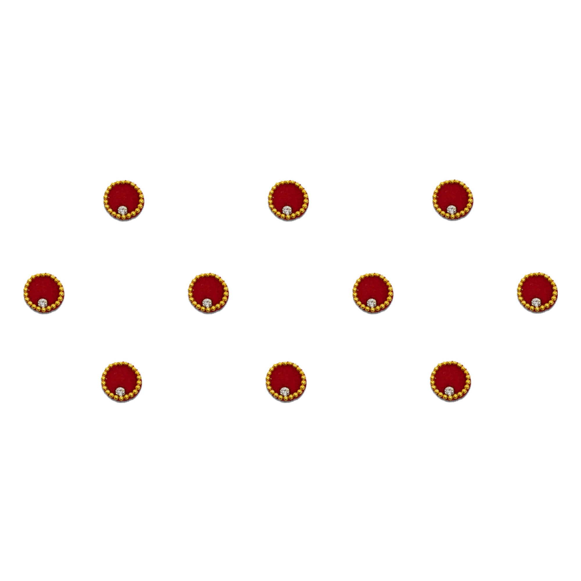 Traditional red velvet round bindi adorned with gold beaded edging and sparkling crystal stones, ideal for sarees, lehengas, festive occasions, weddings, and ethnic wear.
