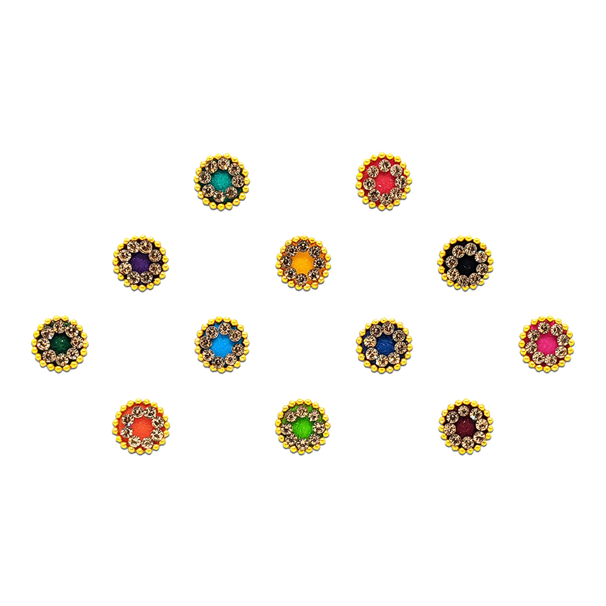 Comet Busters multicolor round bindis featuring sparkling crystal stone rings with metallic bead borders in vibrant shades like blue, pink, green, orange, yellow, black, and purple for festive and ethnic wear.