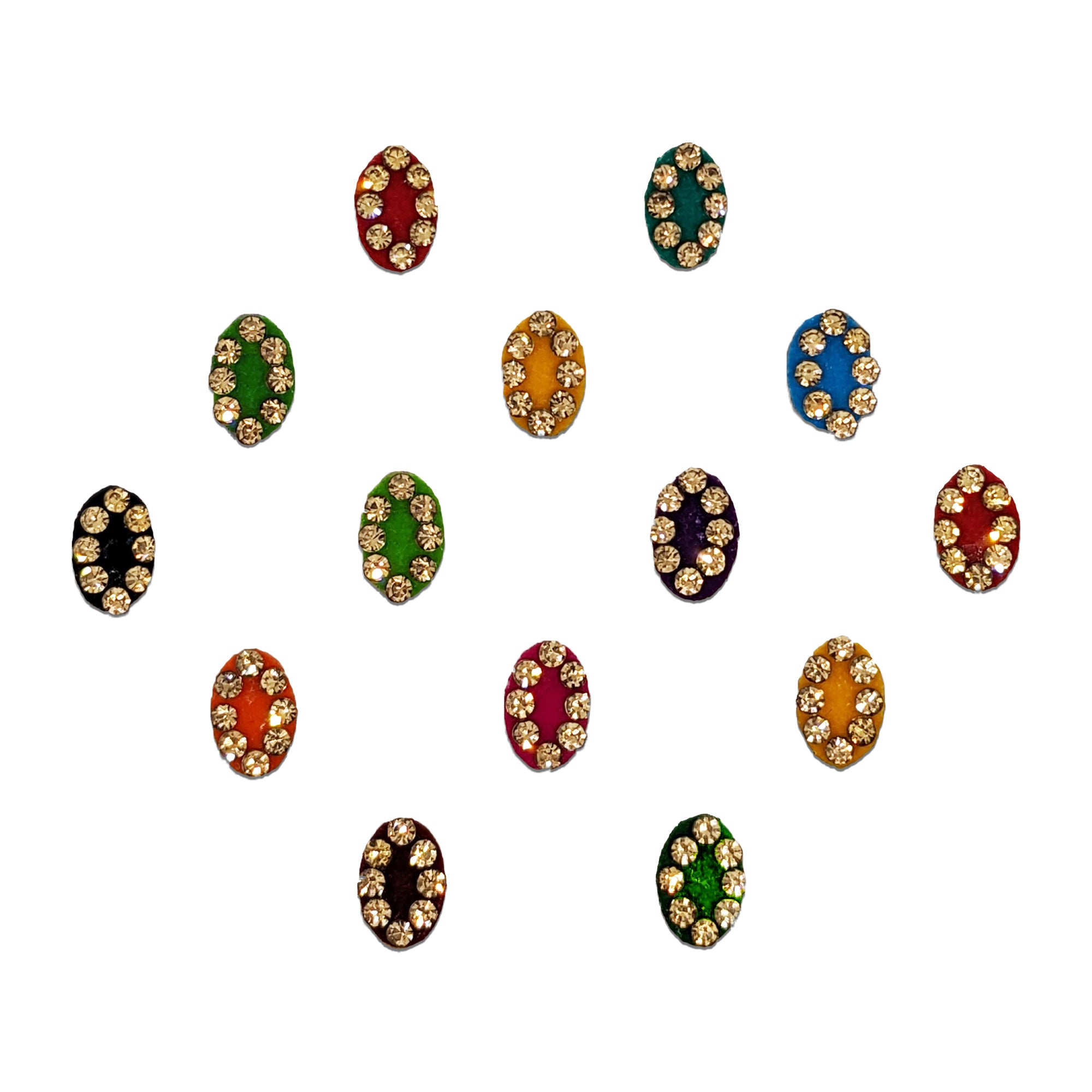 Comet Busters Multicolor Oval Velvet Stone Bindis featuring vibrant velvet-finish oval bindis in red, green, blue, orange, purple, pink, black, and maroon shades, embellished with sparkling champagne crystal stones around the border. Premium self-adhesive bindis ideal for festivals, weddings, parties, and traditional ethnic wear.