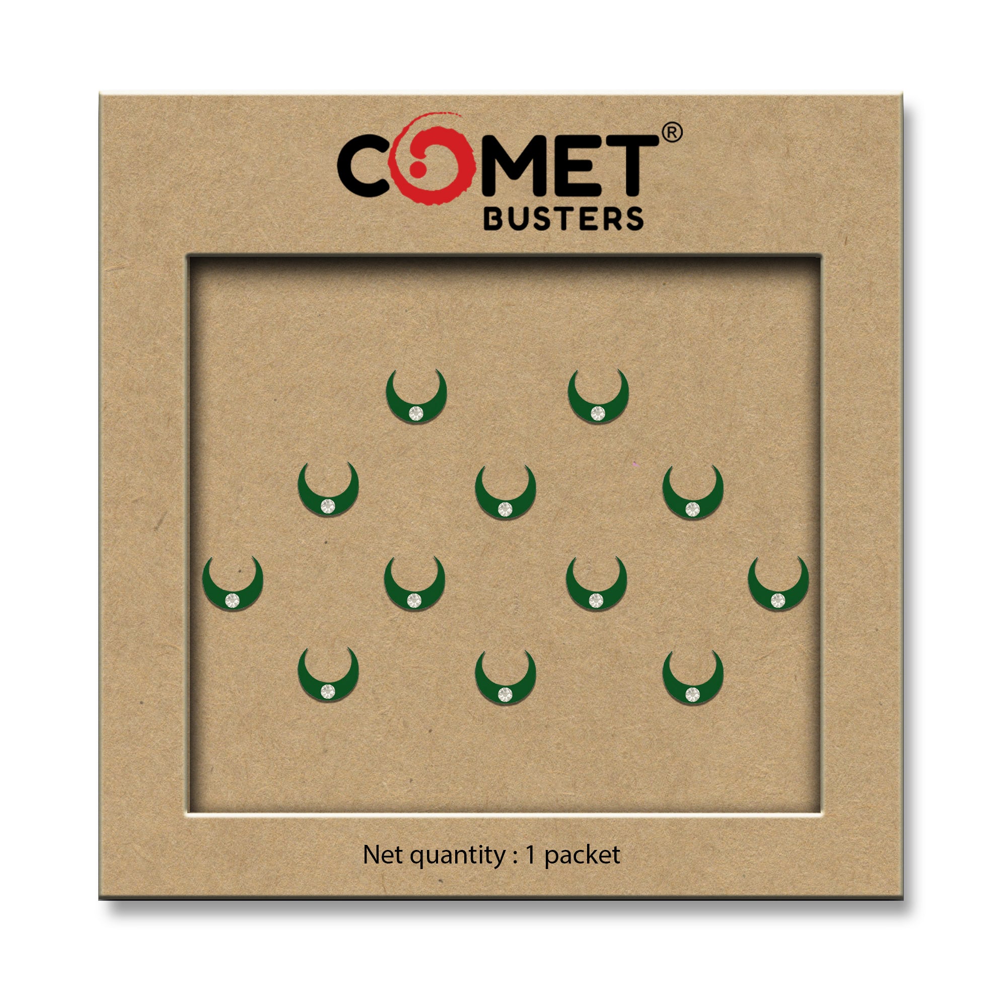Comet Busters Dark Green Crescent Moon Velvet Bindi for Women and Girls, Designer Half Moon Forehead Bindi, Traditional Green Ethnic Bindi for Daily Wear, Festivals and Cultural Occasions