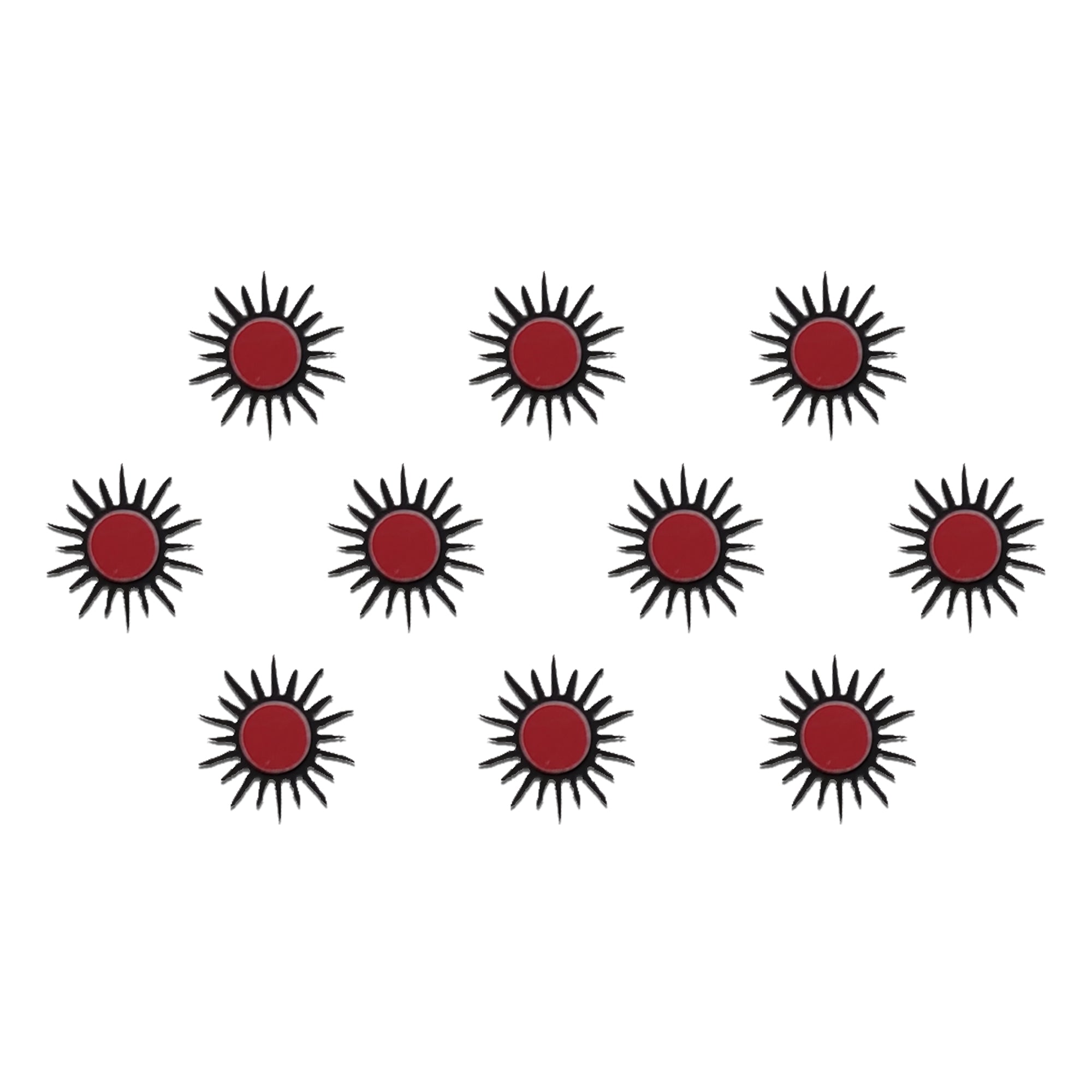 Comet Busters radiant sunburst bindi featuring a red circular center surrounded by detailed black sun rays, inspired by traditional solar motifs for festive and ethnic wear.