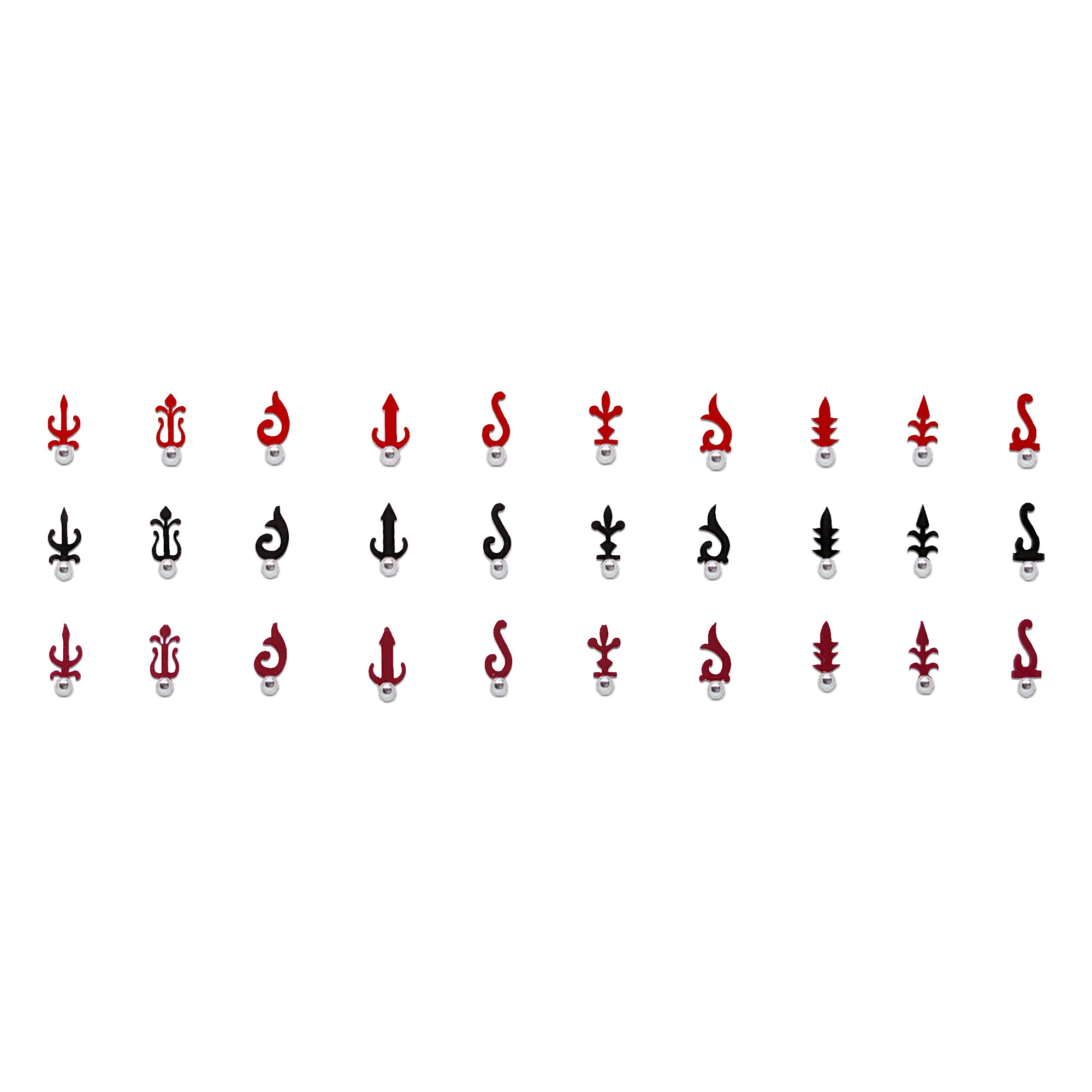 Comet Busters spiritual symbol bindis with assorted Trishul, Om and sacred Tilak-inspired designs.