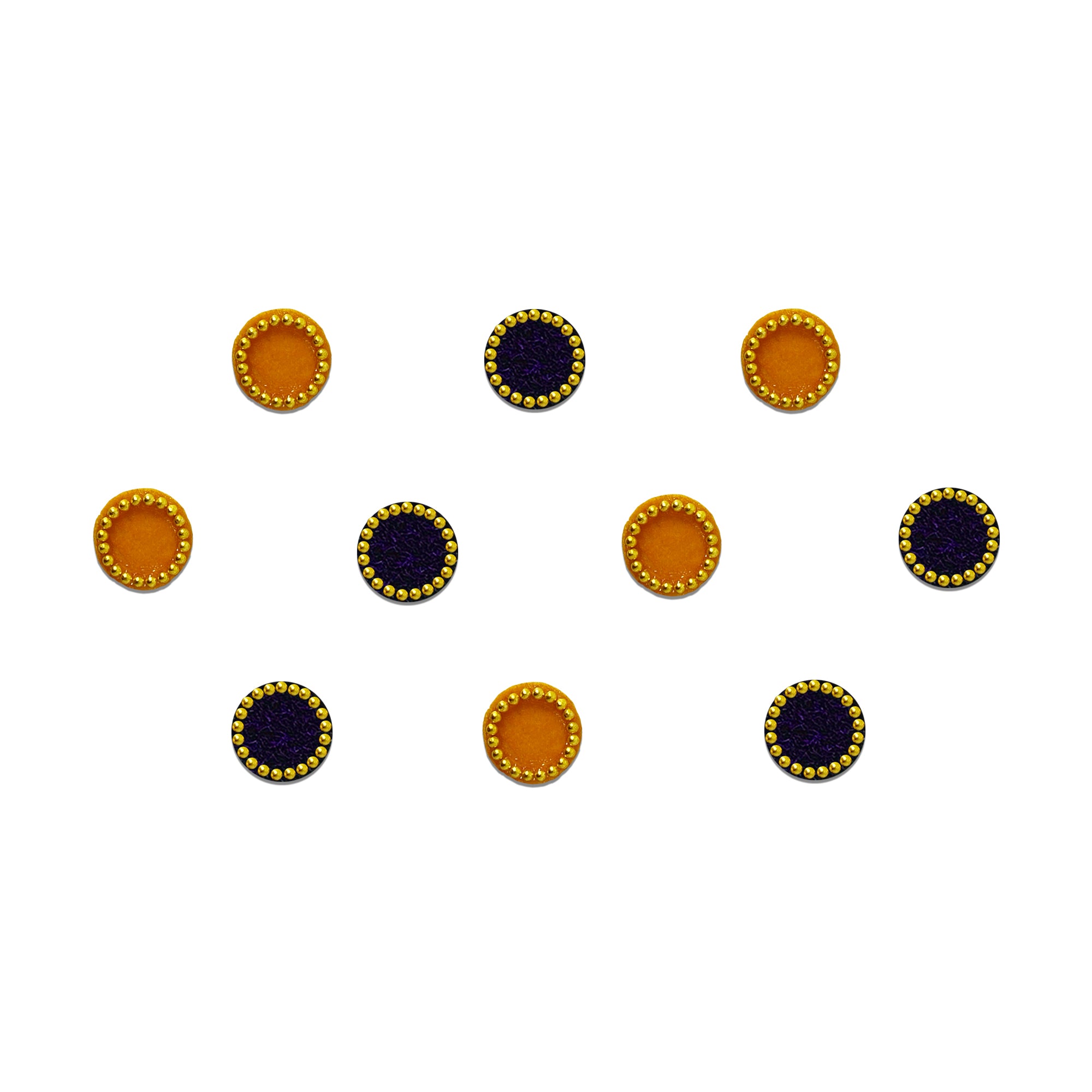 Comet Busters Mustard Velvet Round Bindi featuring alternating royal purple and mustard yellow velvet round bindis with elegant gold beaded borders. Self-adhesive forehead bindis for women and girls, ideal for weddings, festivals, Navratri, Diwali, Garba, temple visits, Bharatanatyam and Kathak dance performances, and traditional ethnic wear.