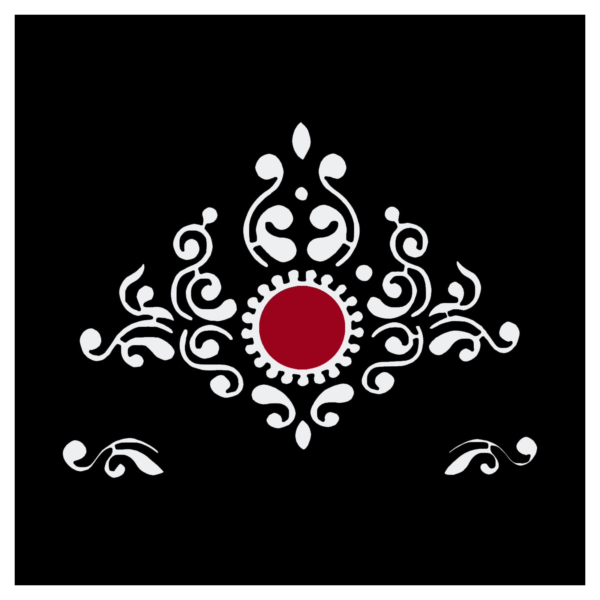 Comet Busters white royal mehndi designer bindi featuring intricate ornamental swirls with a bold red center, elegant bridal and festive forehead