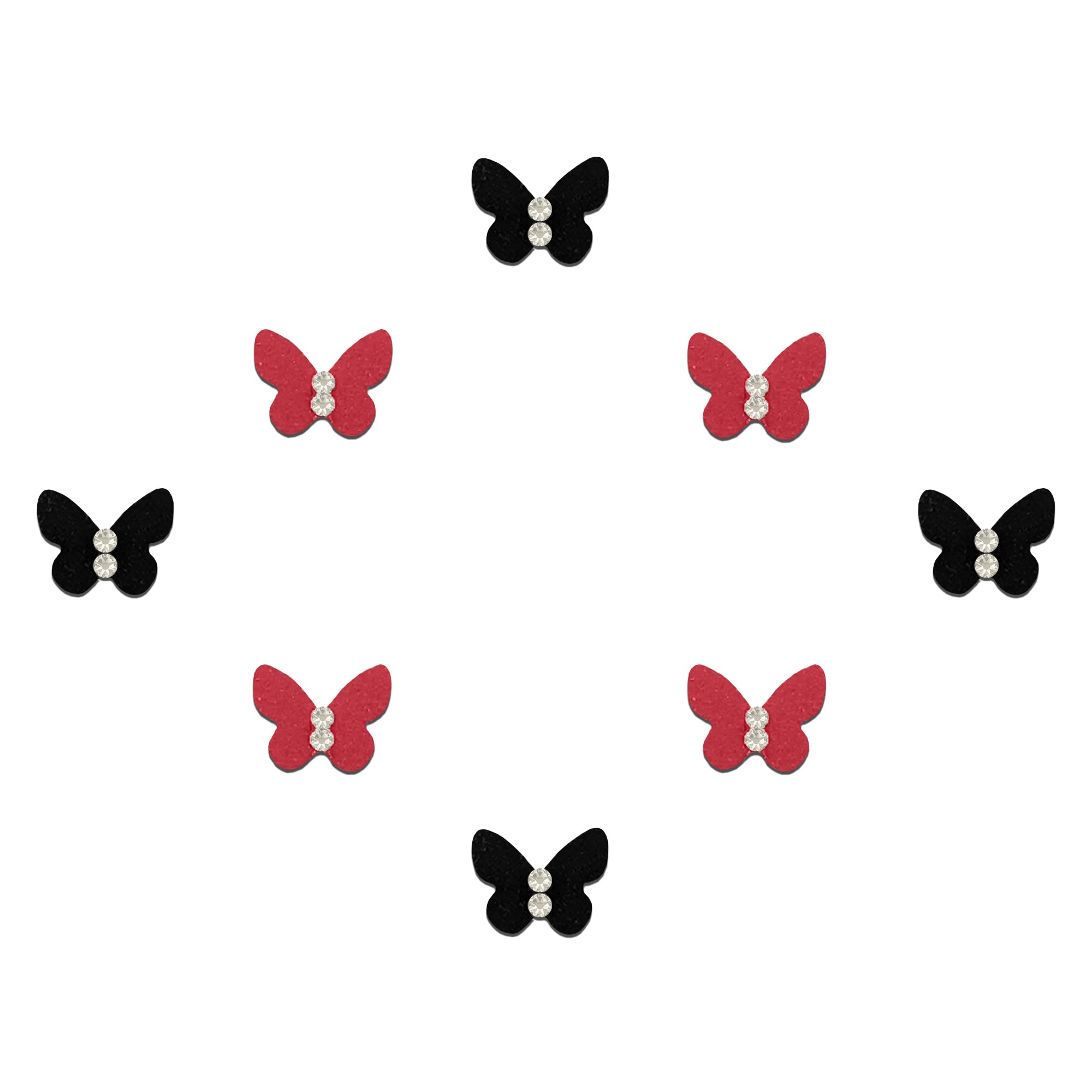 Comet Busters multicolor butterfly-shaped velvet bindis featuring crystal stone centers in vibrant green, yellow, orange, and navy blue shades for trendy, festive, and ethnic fashion looks for women and girls.