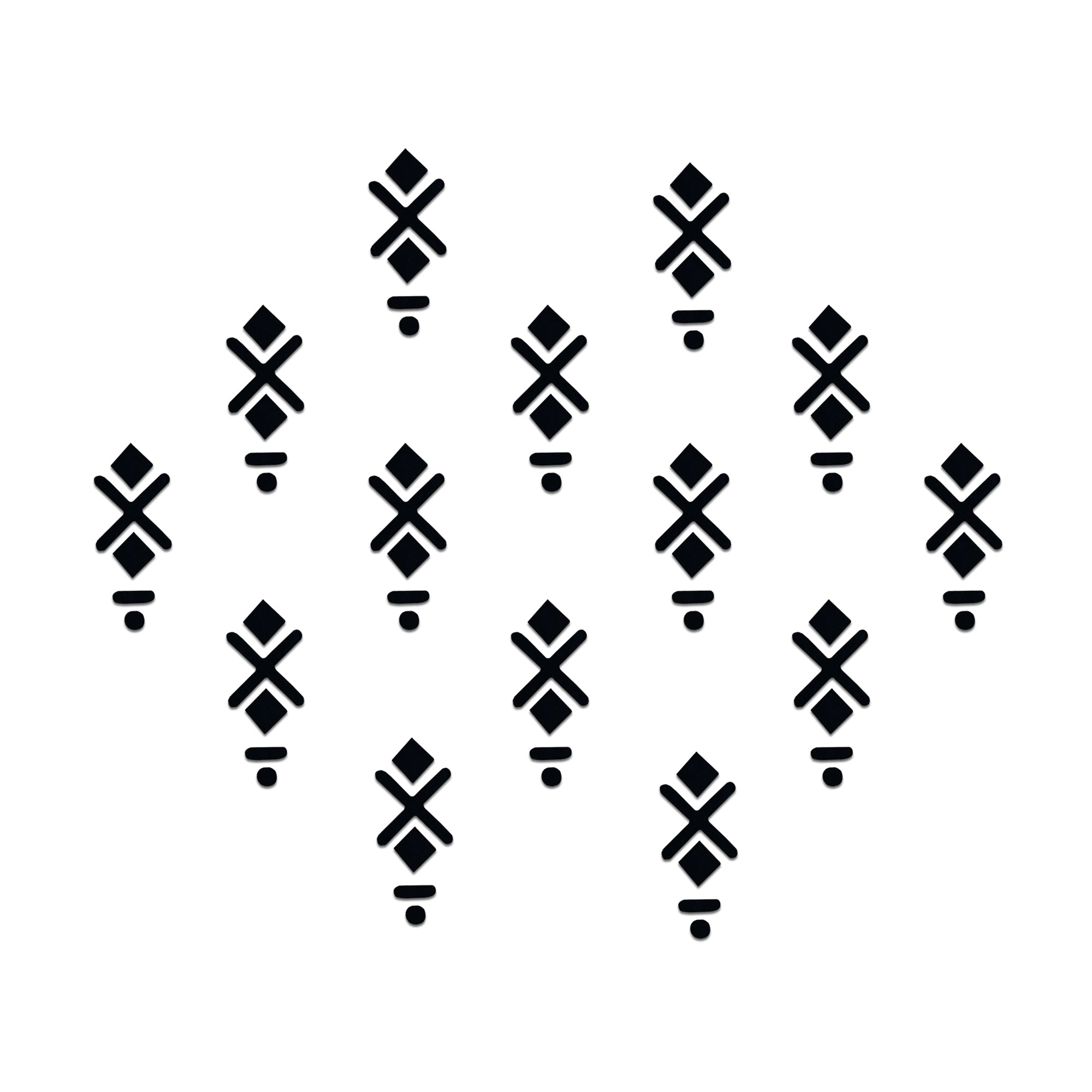 Comet Busters Black geometric designer bindi featuring crossed line motifs with diamond accents, horizontal dash, and dot detailing in a tribal-inspired ethnic pattern, suitable for festive and fusion fashion looks.