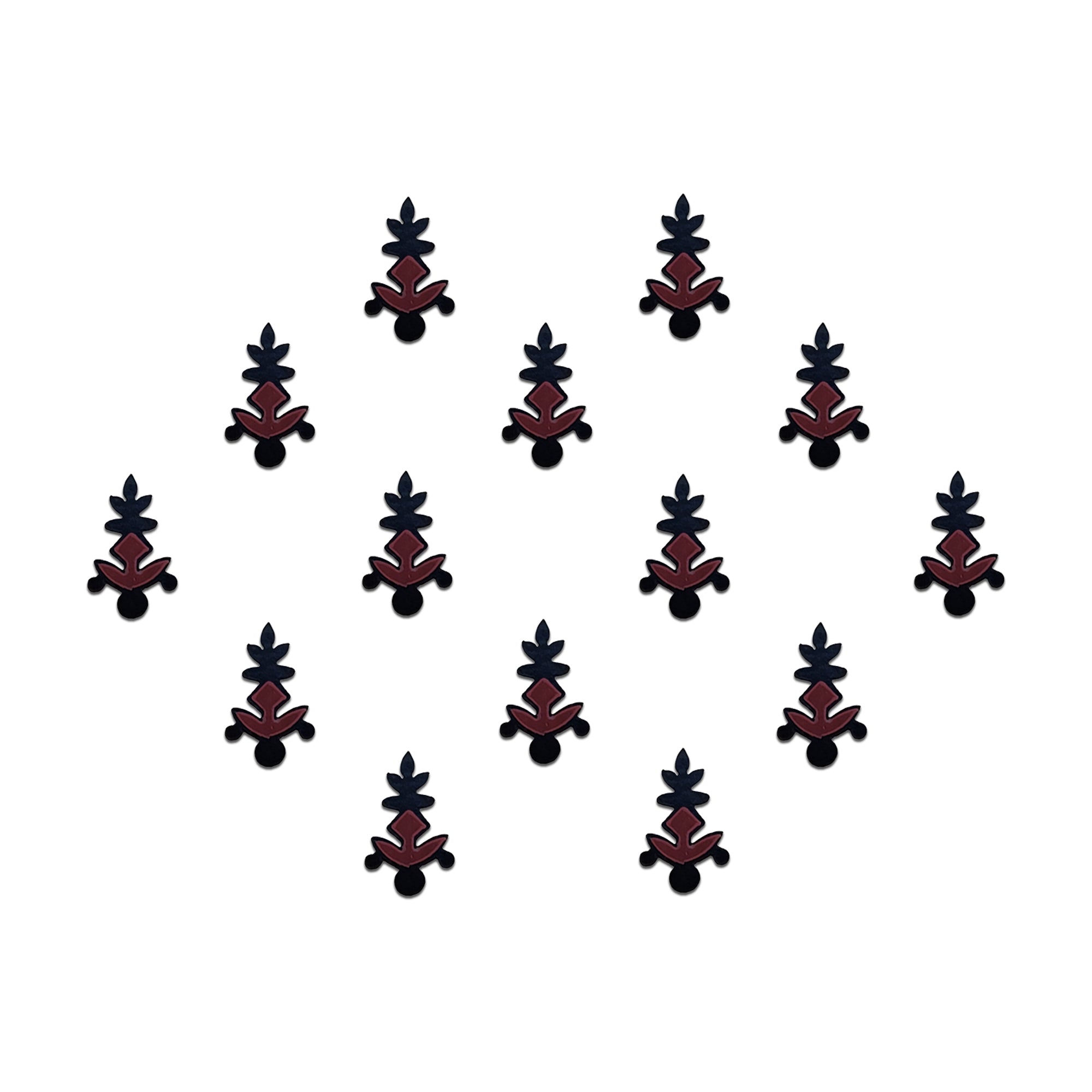 Black and maroon tribal-inspired designer bindi with layered leaf motifs and geometric detailing, elegant stick-on forehead accessory for festive and ethnic wear.