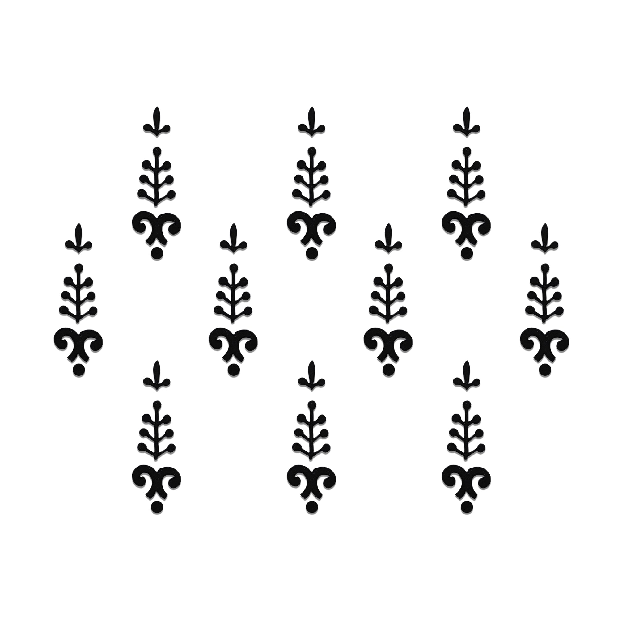 Comet Busters Abstract Tribal Leaf Designer Black Bindi featuring a symmetrical botanical-inspired design with a stylized leaf stem, decorative scroll base, and finishing dot. Self-adhesive black designer bindis for women and girls, ideal for festivals, weddings, Navratri, cultural events, classical dance, office wear, and Indo-western ethnic fashion.