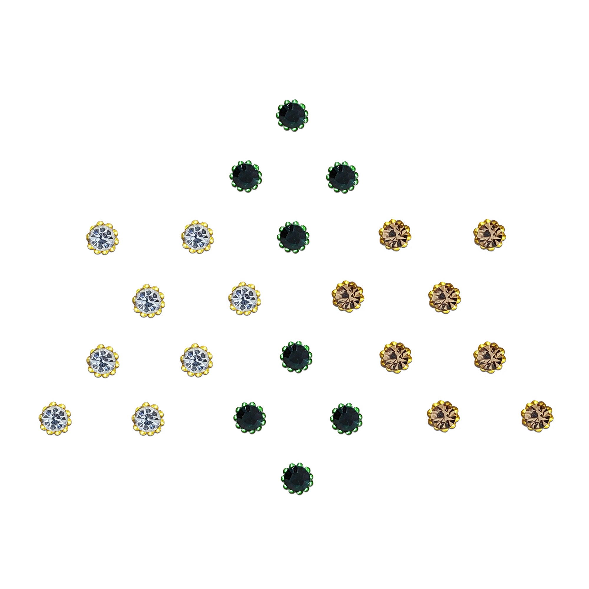 Comet Busters Tricolor Crystal Stud Bindi Set featuring reusable round crystal bindis in clear, black, and champagne colors with elegant gold beaded rims. Premium self-adhesive forehead stickers for women and girls, perfect for weddings, festivals, parties, traditional wear, and contemporary ethnic styling.
