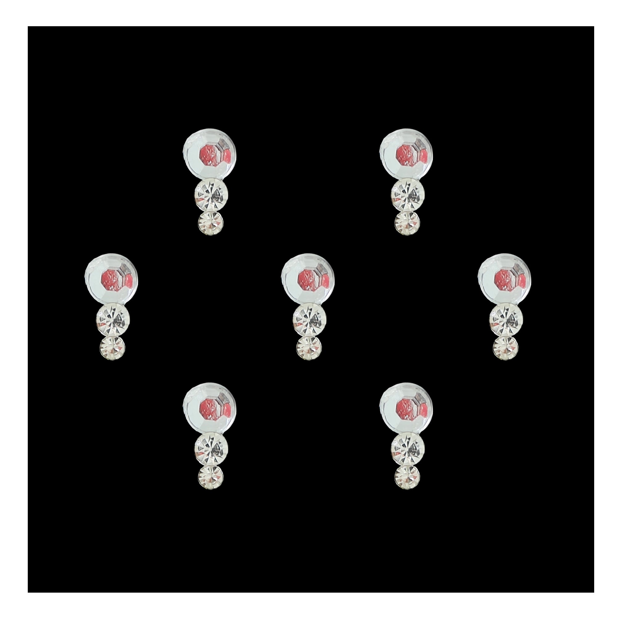 Comet Busters triple crystal drop designer bindi sheet featuring 6 reusable self-adhesive bindis with a large faceted clear crystal, sparkling white rhinestones, and elegant vertical drop detailing. Perfect for weddings, receptions, festivals, parties, bridal looks, and traditional Indian ethnic wear.