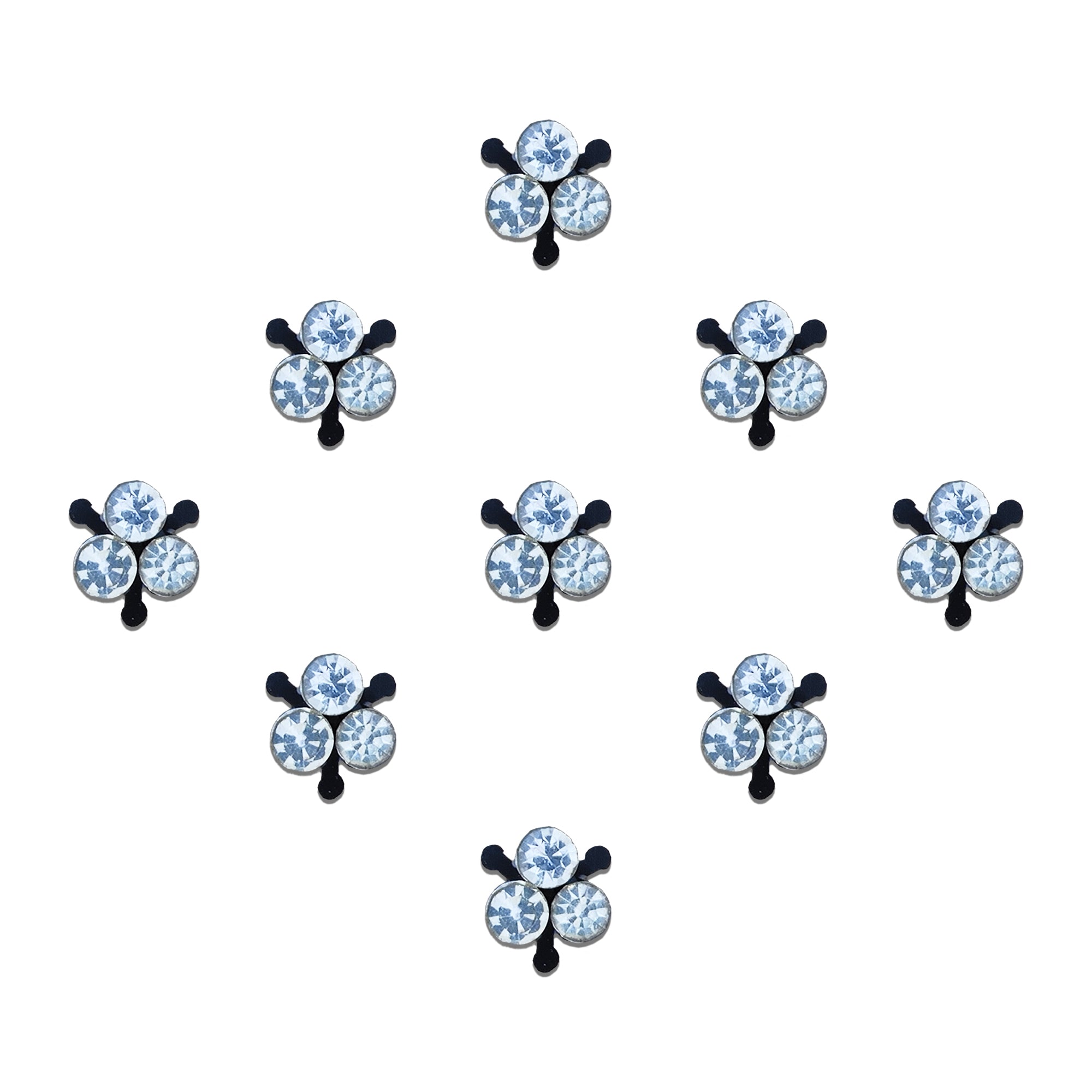 Comet Busters triple crystal floral designer bindi featuring three sparkling white stones arranged in a delicate flower pattern on a black base. Reusable self-adhesive bindi for women and girls, perfect for weddings, festive celebrations, parties, daily wear, sarees, lehengas, kurtis, and traditional Indian outfits.