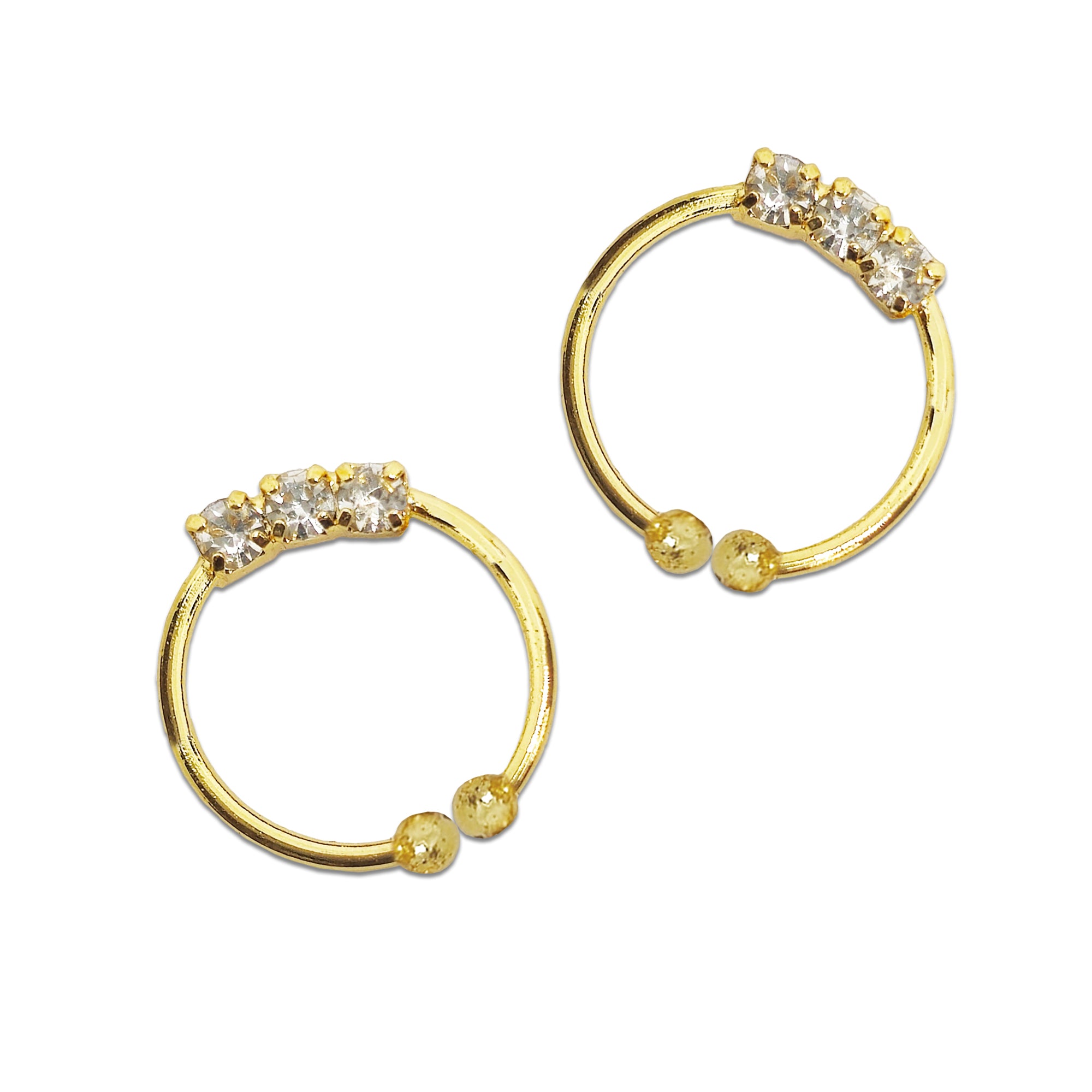 Comet Busters triple crystal gold hoop nose studs with sparkling clear stones and round bead ends on a white background