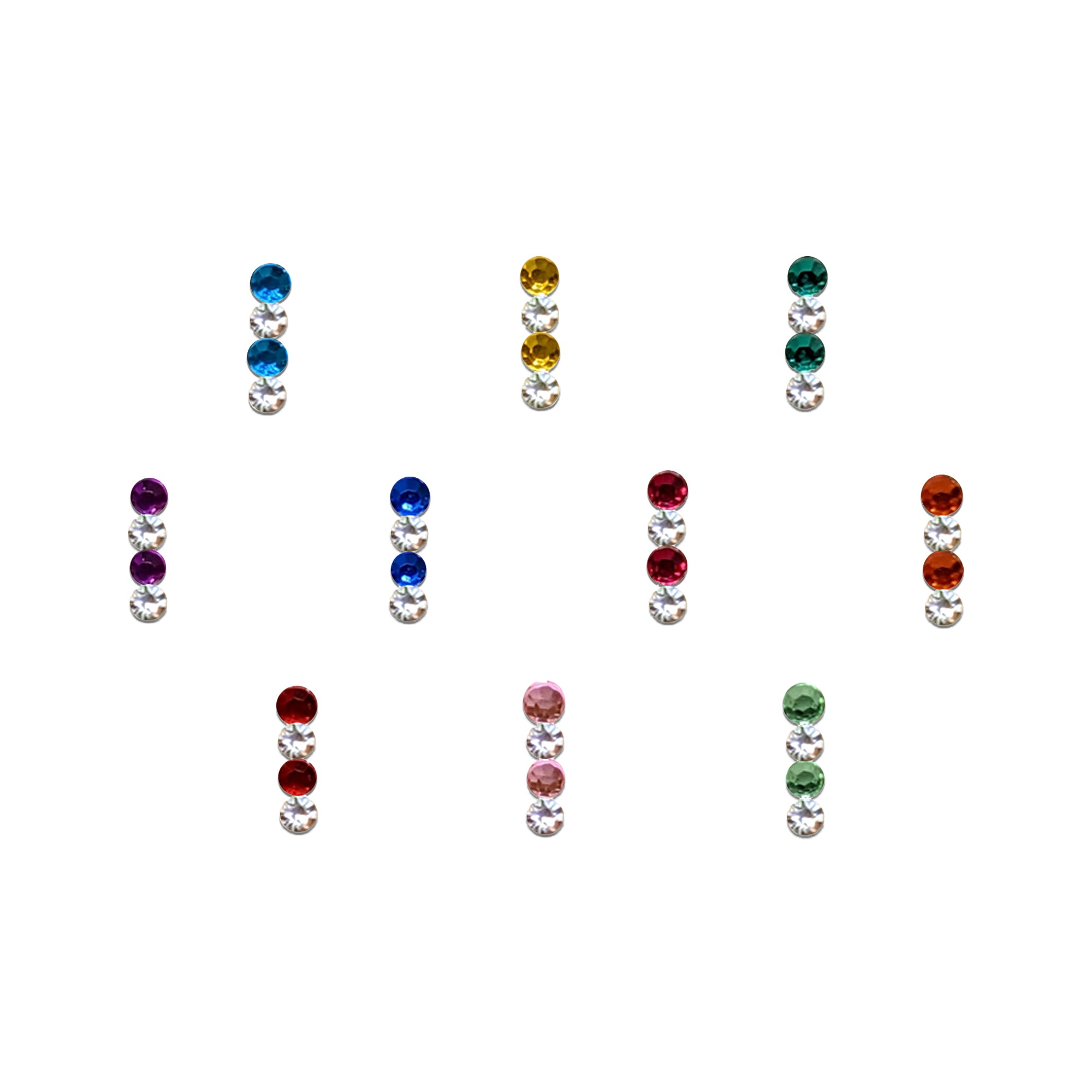 Comet Busters multicolor crystal line bindis with alternating colored and clear stones in a minimalist vertical design