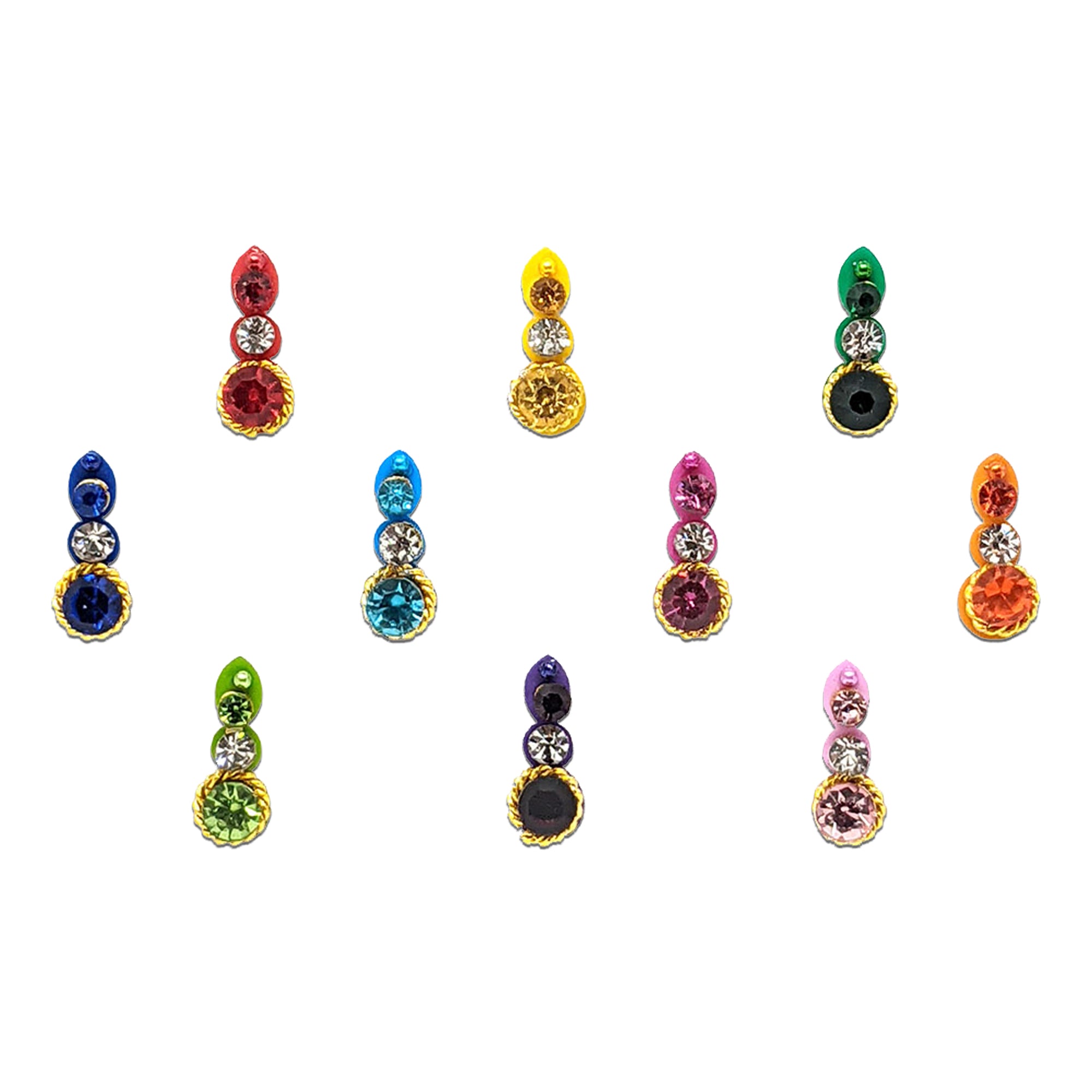 Comet Busters multicolor triple stone designer bindis featuring layered crystal stones in red, blue, green, pink, orange, purple, yellow, and black shades with gold border detailing for festive and traditional ethnic wear.