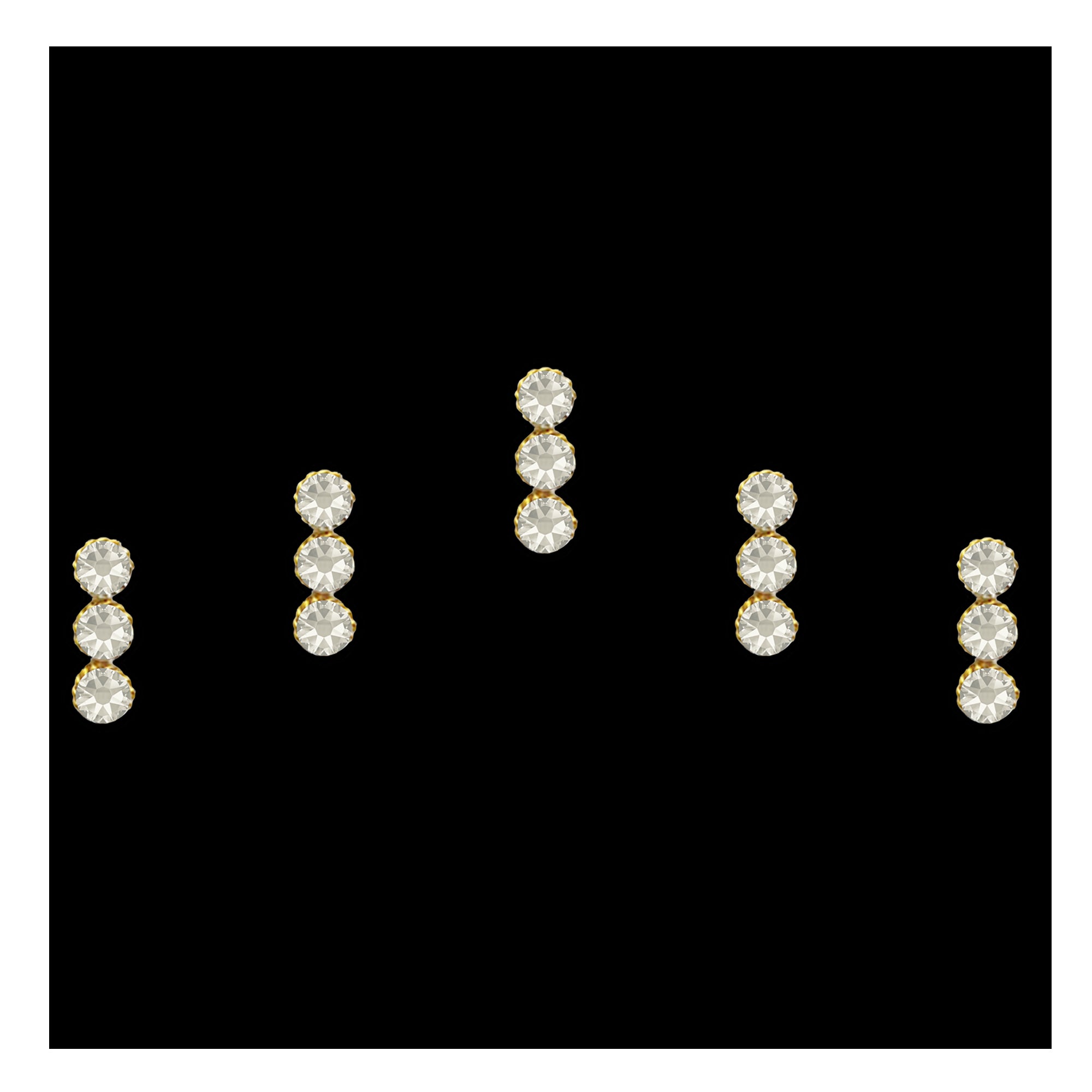 Comet Busters designer bindis featuring three vertically aligned sparkling crystal stones with elegant gold-tone borders in a minimal traditional style for festive and ethnic wear.