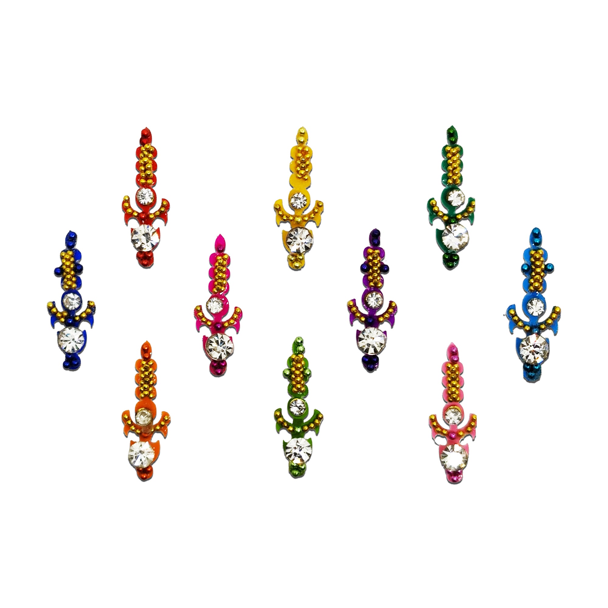 Comet Busters Royal Trishul Crystal Designer Bindi Collection featuring multicolor self-adhesive bindis with sparkling round crystal stones, gold bead detailing, and elegant trident-inspired motifs. Premium forehead bindis for women and girls, ideal for weddings, festivals, Navratri, Diwali, religious occasions, dance performances, and traditional or Indo-western outfits.