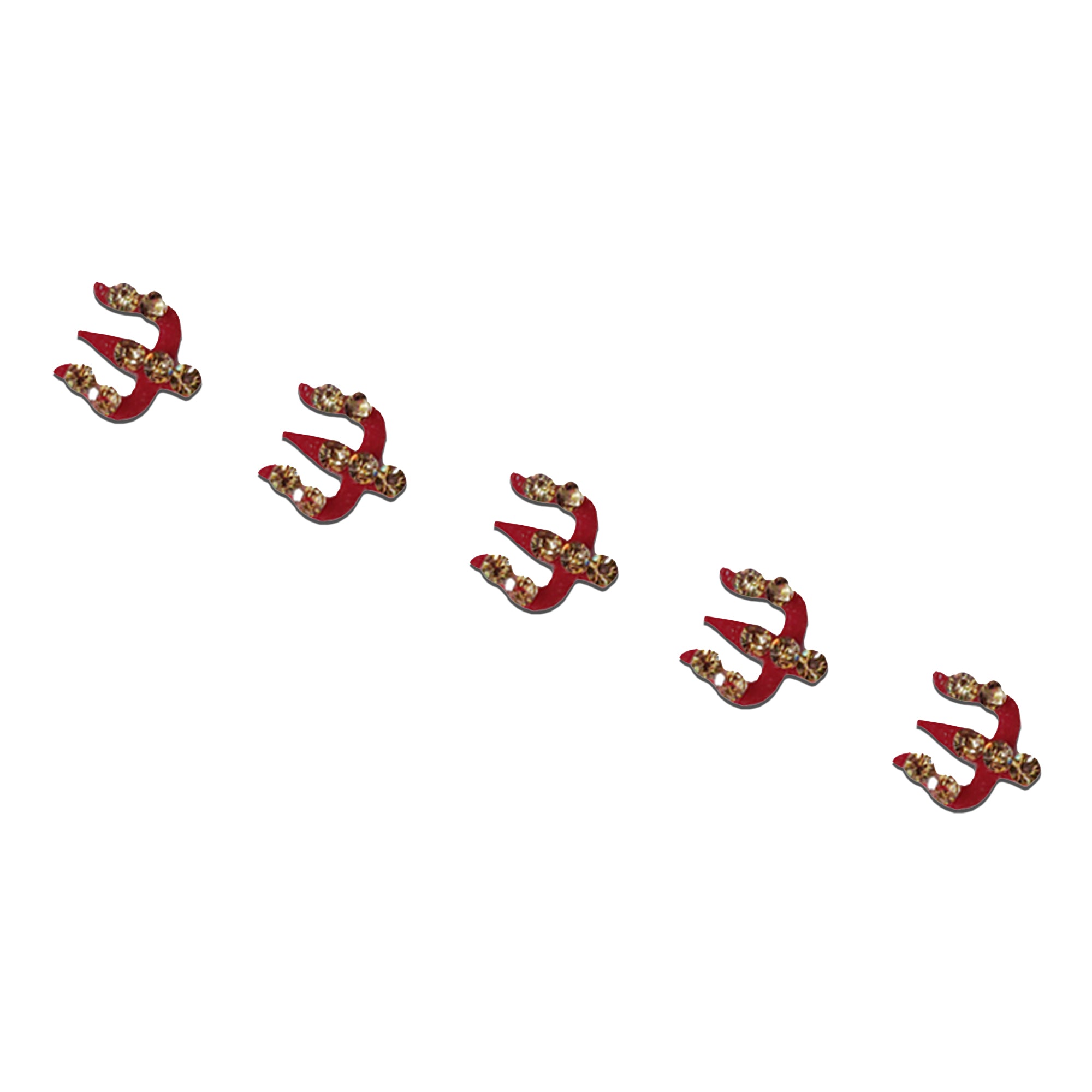 Comet Busters red Trishul designer bindis embellished with sparkling golden crystal stones, self-adhesive spiritual bindis for women and girls.